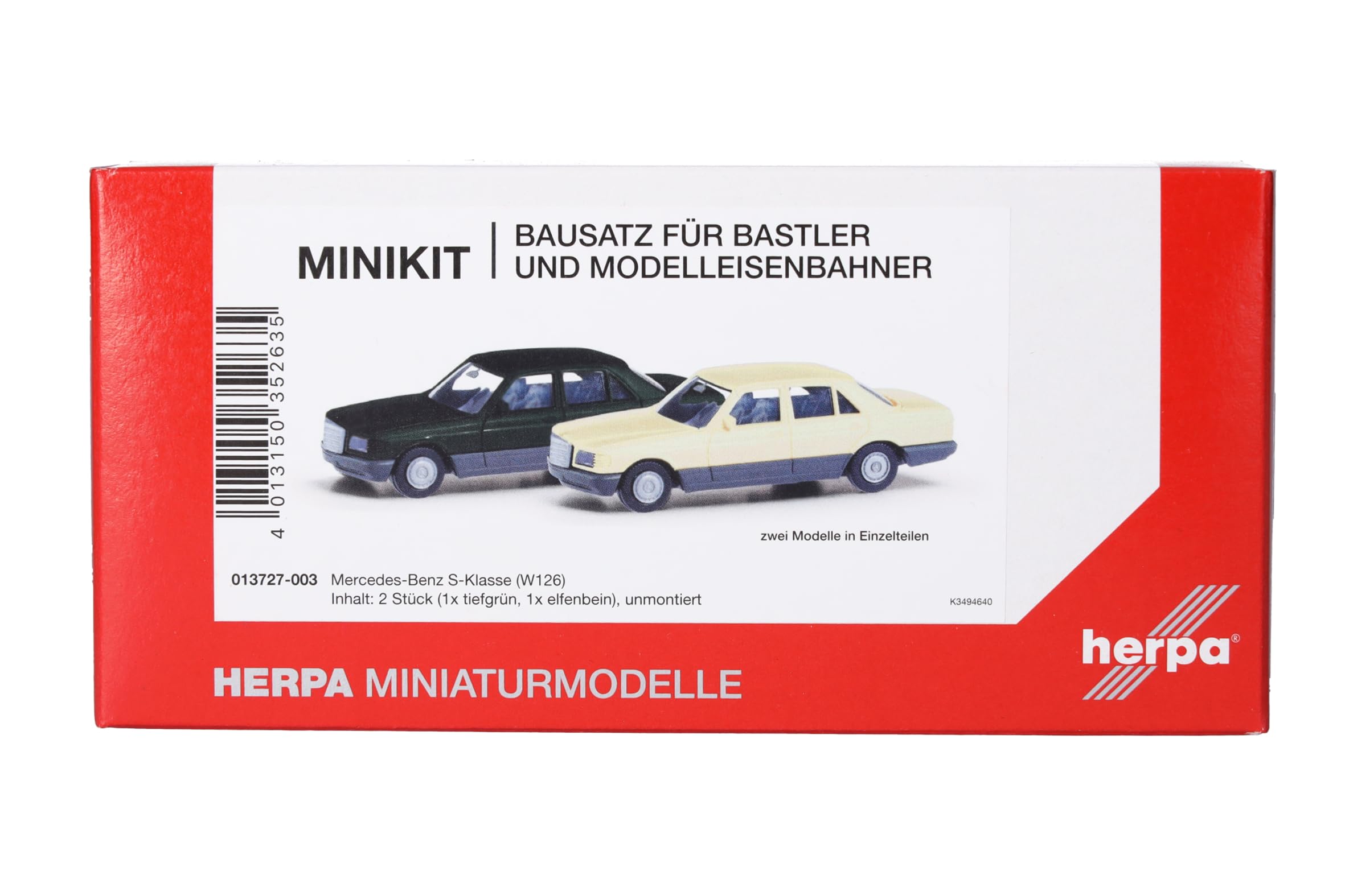 herpa 013727-003 Model Kit Set of 2 Mercedes-Benz S-Class (W126), Mini Kit, Miniature Scale 1:87, Collectable, Kit for Model Making, Plastic, Colour: Deep Green/Ivory Miniature Model