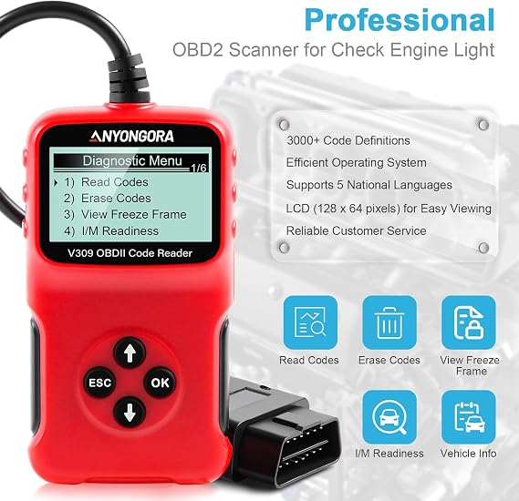 Anyongora OBD2 Scanner Diagnostic Tool - Professional Car Code Reader, Engine Code Reader with Real Time Data, Freeze Frame, I/M Support for All OBDII Protocol Cars Since 1996