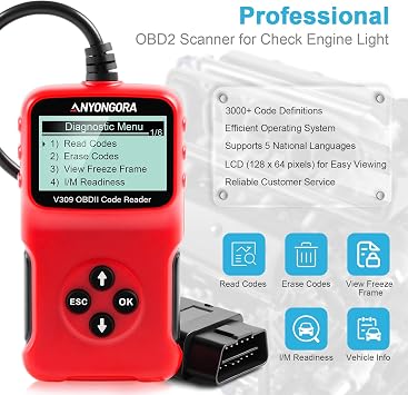 Anyongora OBD2 Scanner Diagnostic Tool - Professional Car Code Reader, Engine Code Reader with Real Time Data, Freeze Frame, I/M Support for All OBDII Protocol Cars Since 1996