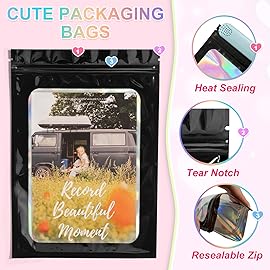 ANZNKU 100 Pcs Smell Proof Mylar Resealable Bags, Holographic Packaging Bags, Resealable Odor Foil Pouch Zip Bag with Clear Window for Food Storage and Lipgloss, Jewelry Lash (Black, 5.5 x 7.9 Inch)