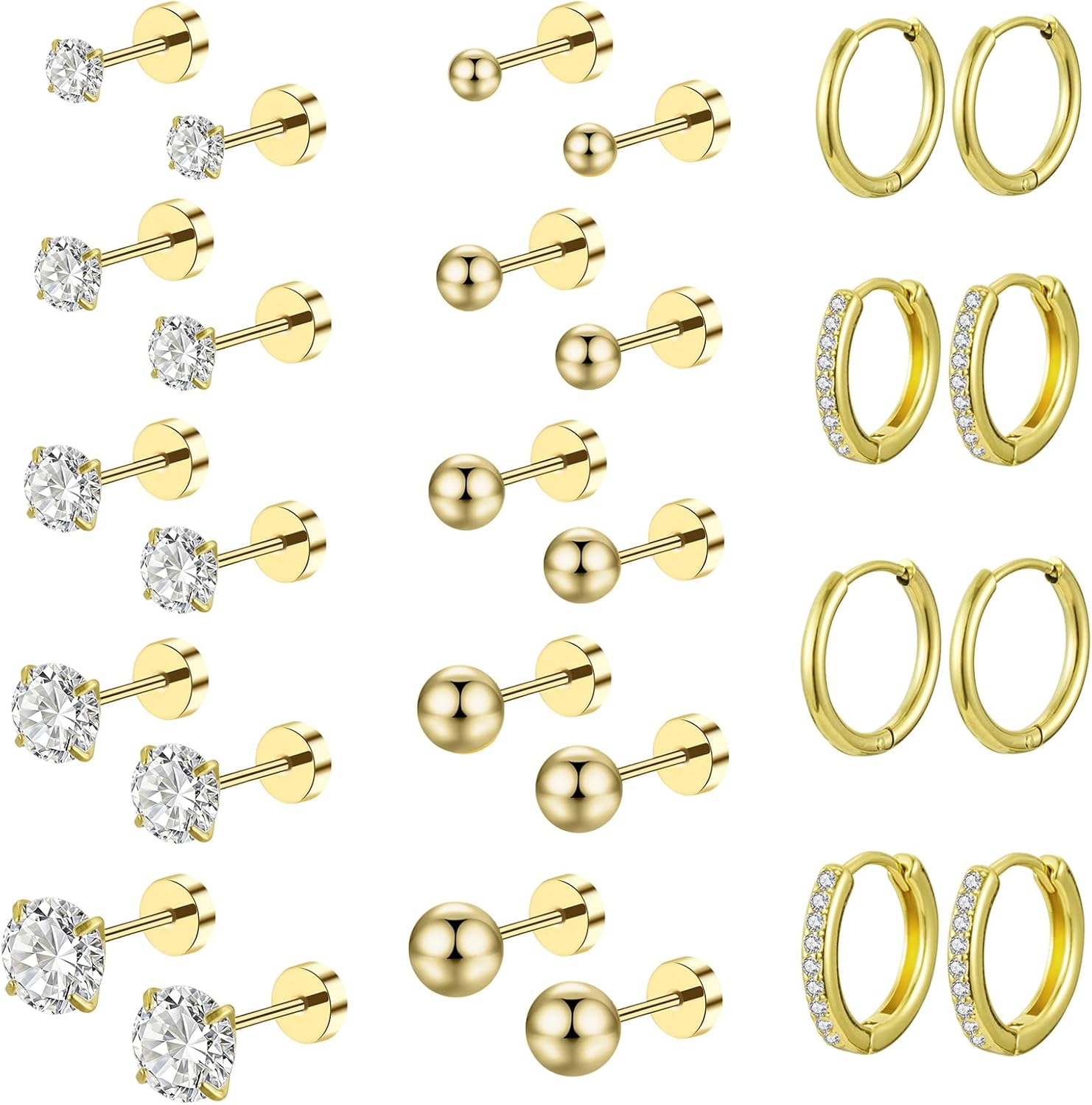Hypoallergenic Flat Back Earrings for Women Men Surgical Steel Earrings for Sensitive Ears 14K Gold Small Stainless Steel Stud Hoop Earrings Flatback Cartilage Earring Set for Multiple Piercing Age: over 4 years old