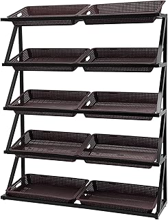 5-Tier Storage Bins Metal Market Basket,Freestanding Pantry Organizers And Storage,Pantry Shelves with 10 Hollow Baskets,220lbs Cabinet Shelf Organizers with Adjustable Feet (Black+Coffee)