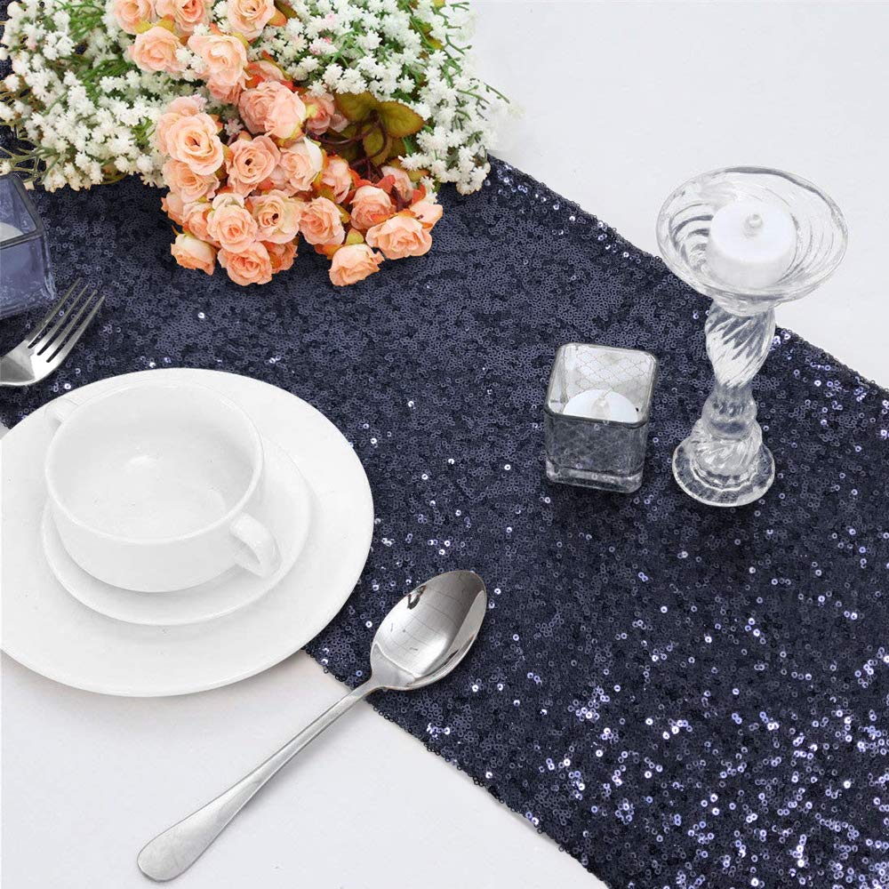 Time To Sparkle Sequin Navy Blue 12X108inches Glitter Sequin Table Runner Chair Sashes Swags Wedding Party Table Decoration,