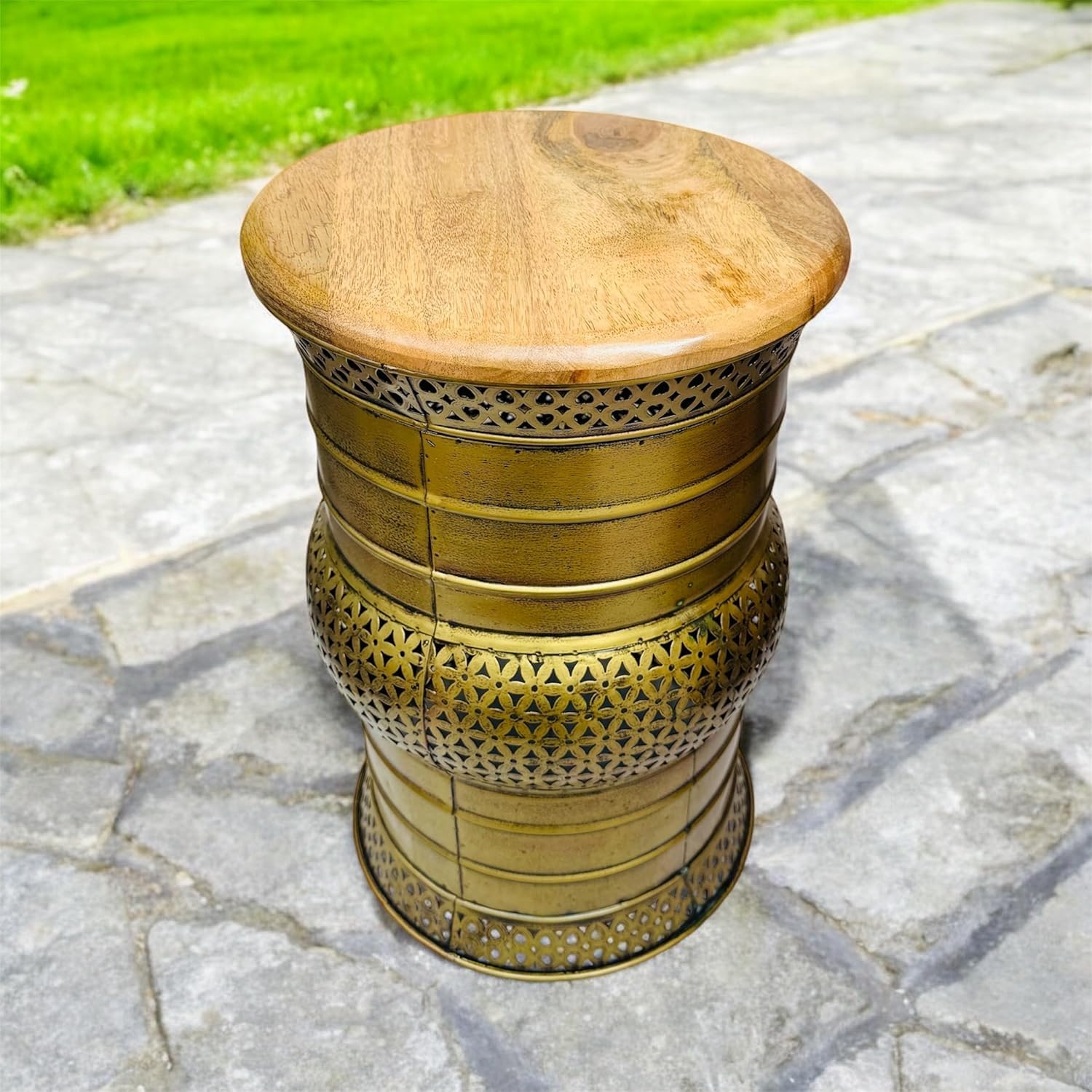 RSN Metal Iron Garden Stool with Floral Cutwork Design, Wooden Top, Decorative Stool for Home,Iron Decorative Table Size-17 * 11 inches-image-14