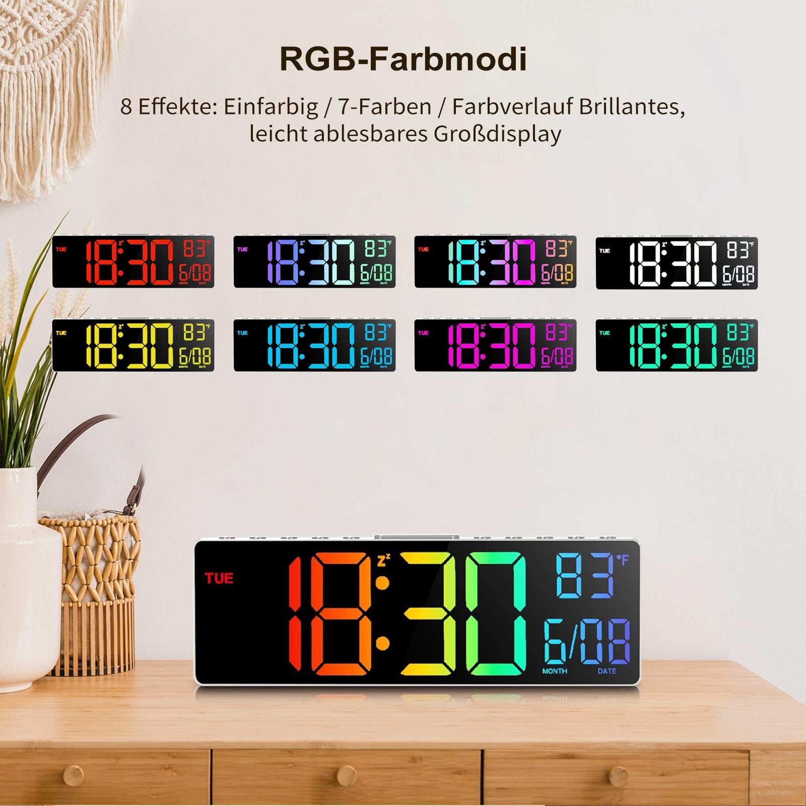 HUO JI Horloge murale et de table numérique de 10,5 pouces avec télécommande, changement de couleur RVB, réglage automatique de la luminosité, veilleuse, affichage de la température et de la date