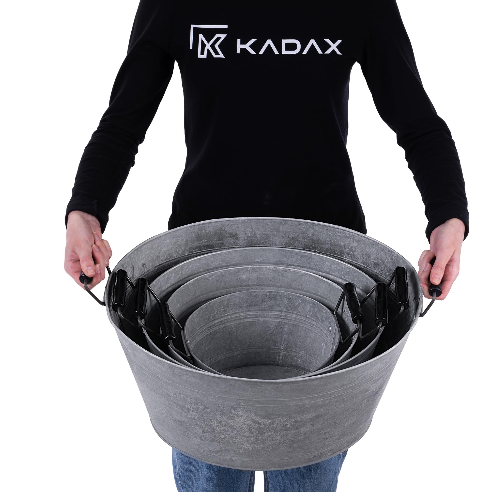 KADAX Lot de 4 bacs en zinc en 4 tailles : 6 l, 13 l, 19 l et 38 l, bac à plantes en acier galvanisé, idéal comme étang de jardin, bac à fleurs et seau à boissons (argenté)