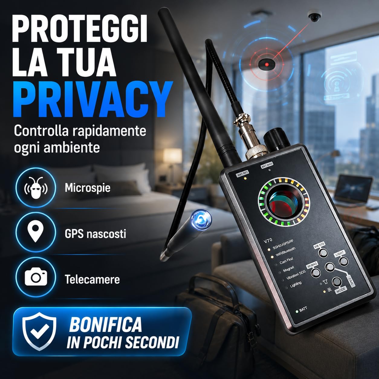 Detector de Microsespías y GPS Spy Detector – Detector de cámaras ocultas profesional con RF WiFi Bluetooth 5G, magnético y vibración – Dispositivo para remediación ambiental (V70)