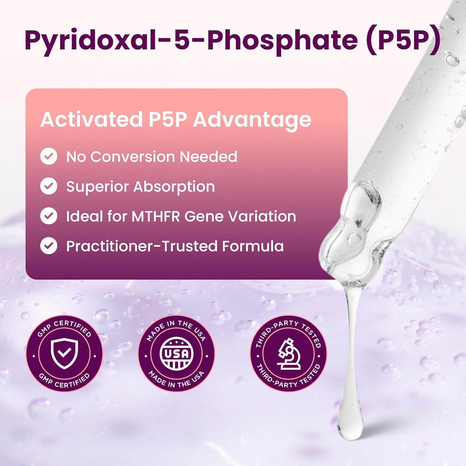 Liquid Vitamin B6 P5P (Activated Pyridoxal-5-Phosphate) – Balanced 500% DV Dose, Double Servings – Alcohol-Free, Fast-Absorbing Nervous System & Energy Support, Non-GMO,2 oz, 60 Servings - Image 3