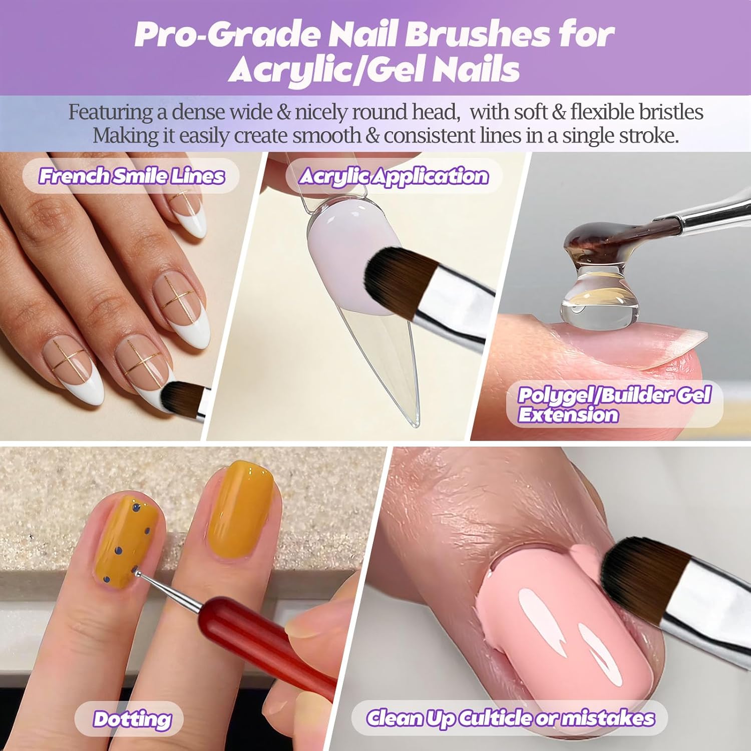 Gel Nail Art Brushes Set: 7Pcs Dense French Tip Brush With Liner Dotting Pen - Manicure Tools For Acrylic Builder Gel Polish Application Clean Up & Designs - Salon Home DIY Nail Artist