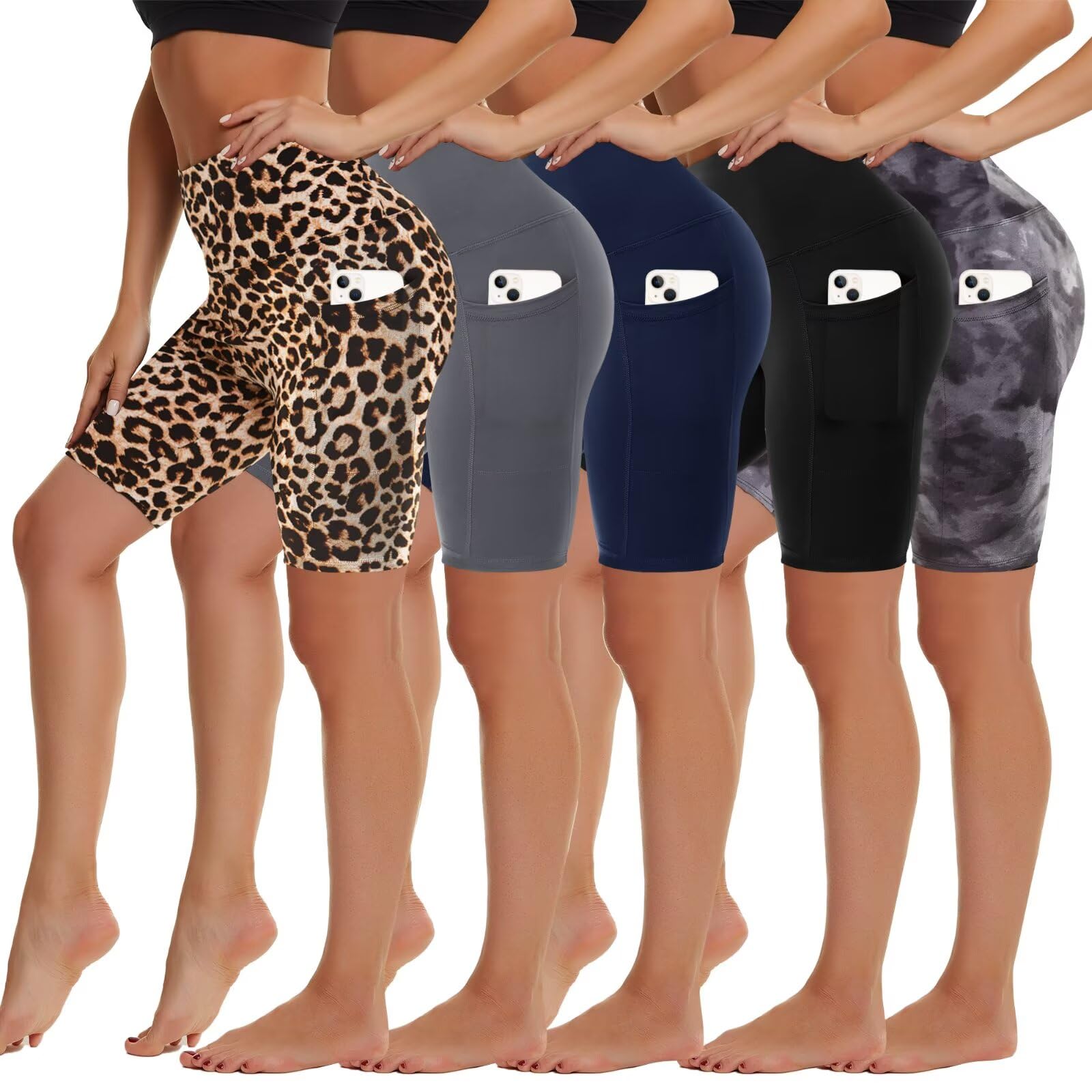 5 Pack Biker Shorts with Pockets for Women - 5"/8" High Waist Spandex Workout Yoga Running Athletic-image-35