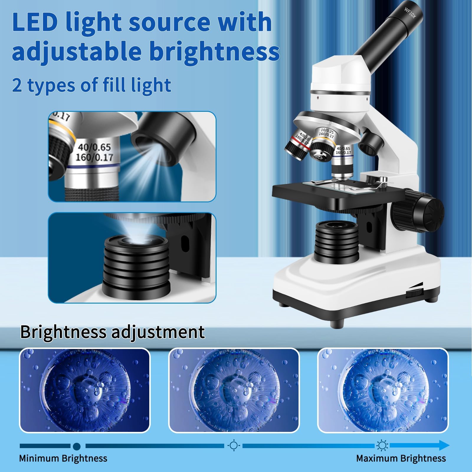 Herwicm Microscopio, microscopio 40X-2000X con adaptador de teléfono y juego de diapositivas, adecuado para estudiantes, laboratorio escolar y educación en el hogar (microscopio monocular)