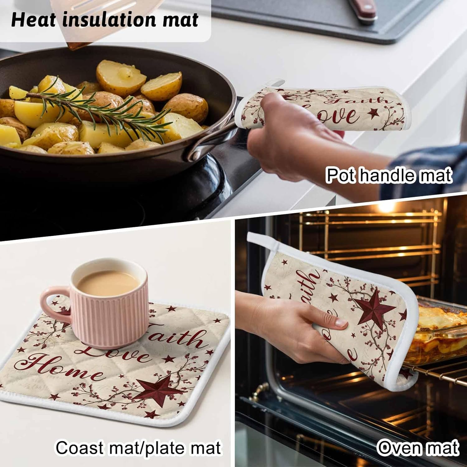 5 Pack Pot Holders for Kitchen, Vintage Country Hot Pads for Kitchen Countertops Oven Pot Holder Bulk, Vintage Rustic Texas Stars Plants Branch Heat Insulation Potholders with Hanging Loops