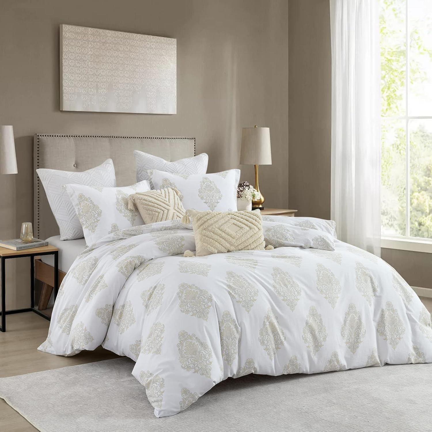 Damask Duvet Cover Queen - 100% Cotton Duvet Cover Set Queen Size, 3 Pieces Medallion Bedding Duvet Covers with Zipper Closure & 8 Corner Ties for All Season, White, 90"x90", No Comforter