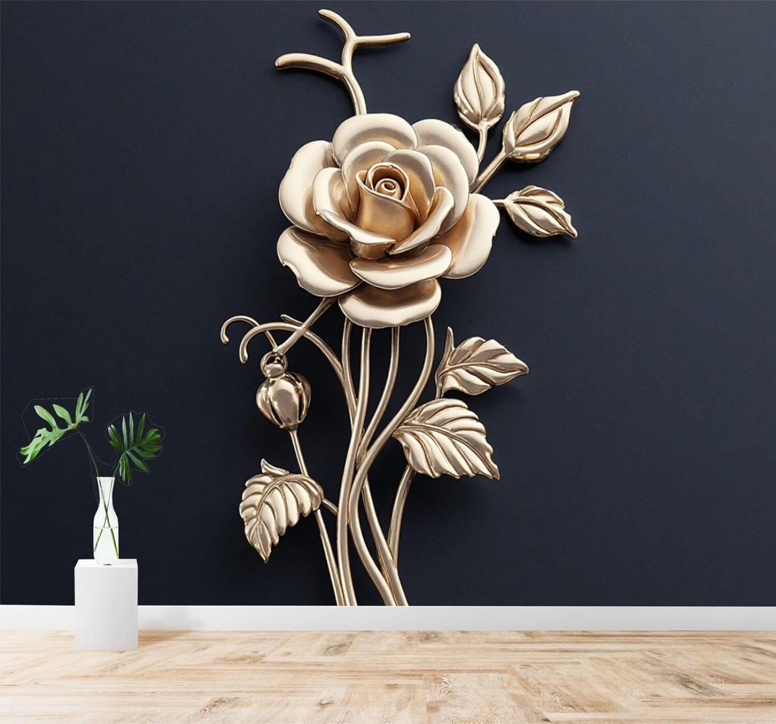 XLMING Minimalist Three Dimensional Gold Roses Dark Blue Background 3D Wallpaper Premium Textured Silk Study Dining Living Room Bedroom Sofa TV Wall Easy Install-400cm×280cm