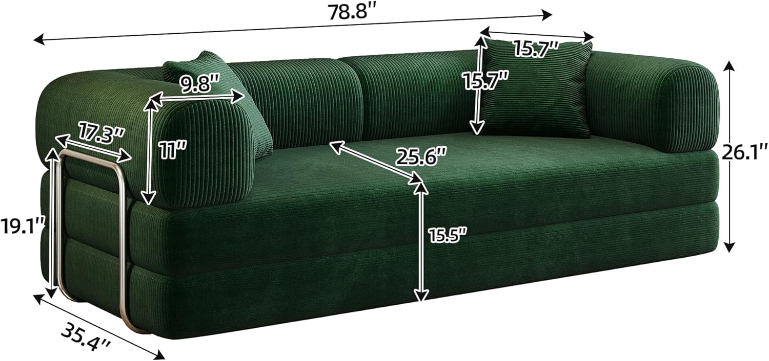 79" Corduroy Convertible Sleeper Sofa Bed with Folding Design, 2 in 1 Loveseat Bed with Stable Hardware Support Rods, Versatile Chaise Lounge Indoor with No Assembly for Living Room Apartment, Green