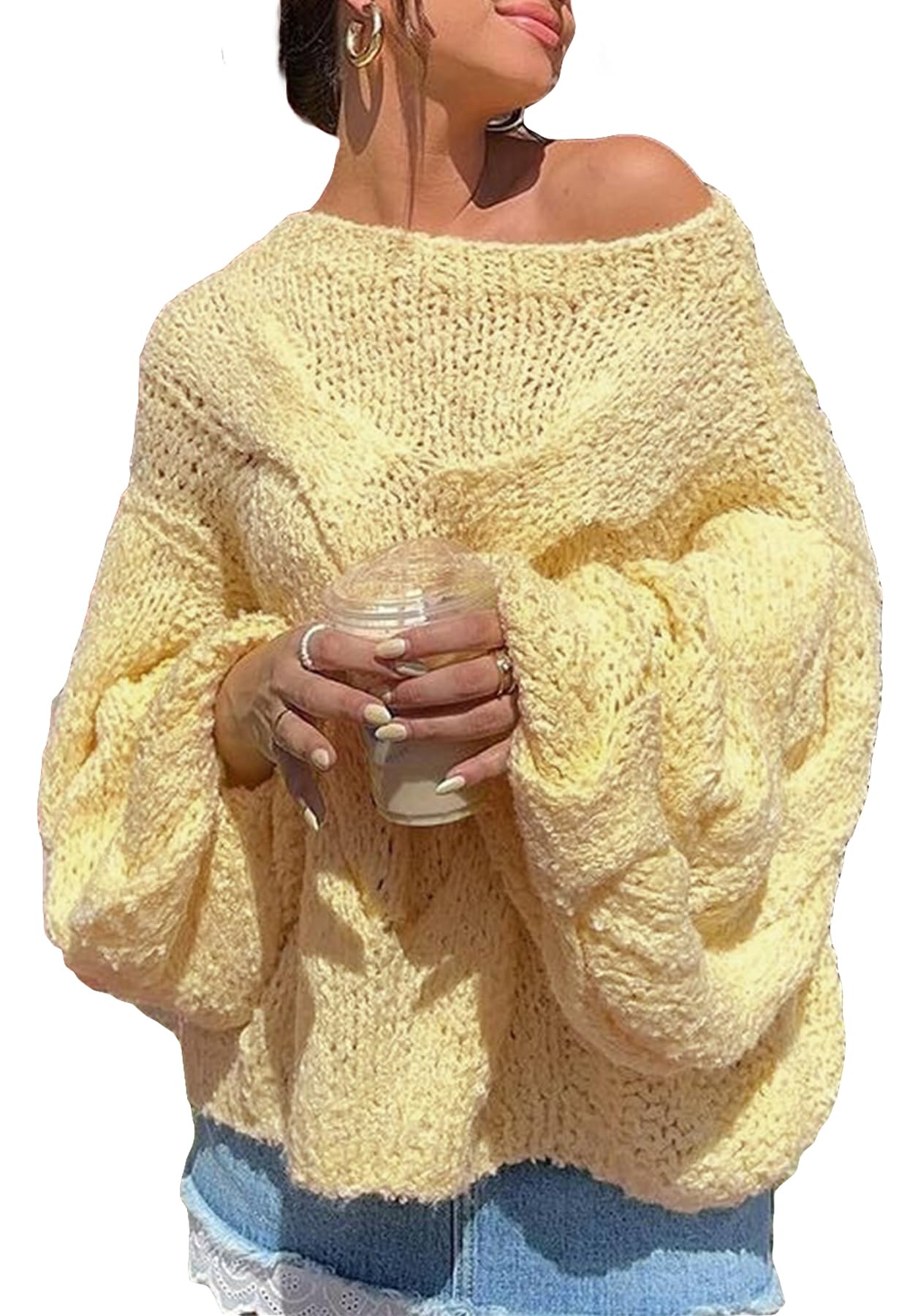 Womens Oversized Sweater Long Sleeve Pullover Sweaters Crewneck Loose Knit Jumper Top