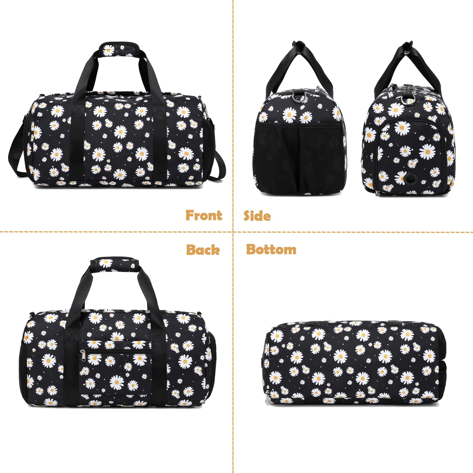Kimwadalh Sac de voyage pour filles avec poches humides/chaussures pour le sport pendant la nuit, Motif fleurs Noir, 18"L x 8"W x 9.75"H, Daisy Black