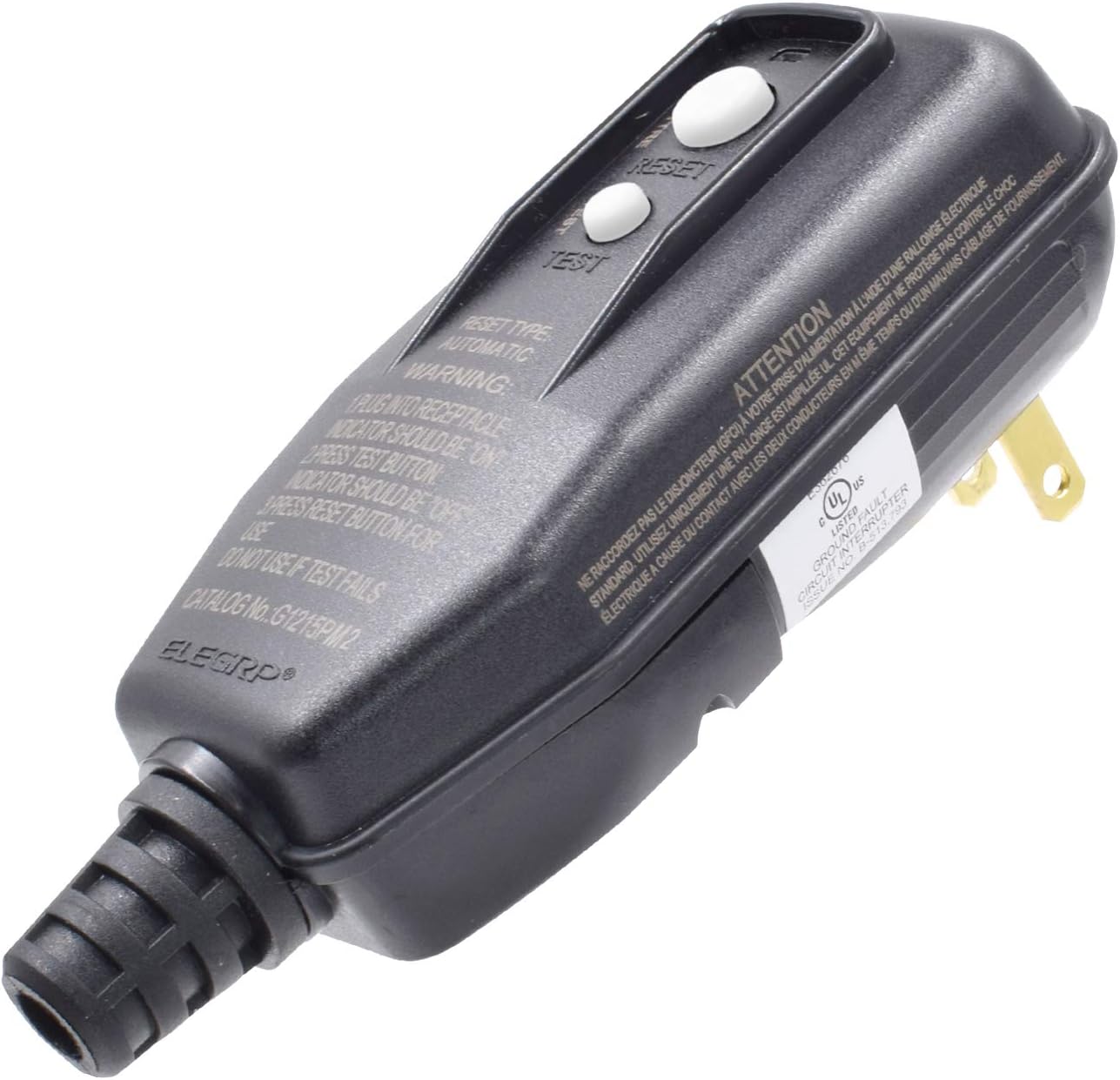 ELEGRP G1215PM2 Manual Reset GFCI Replacement Plug Assembly 15 Amp 2 Wires 2-Prongs NEMA 1-15P Non-Grounding for Power Tools, Lawn Equipment, Cutting Machine and More, UL Listed (1 Pack, Black)