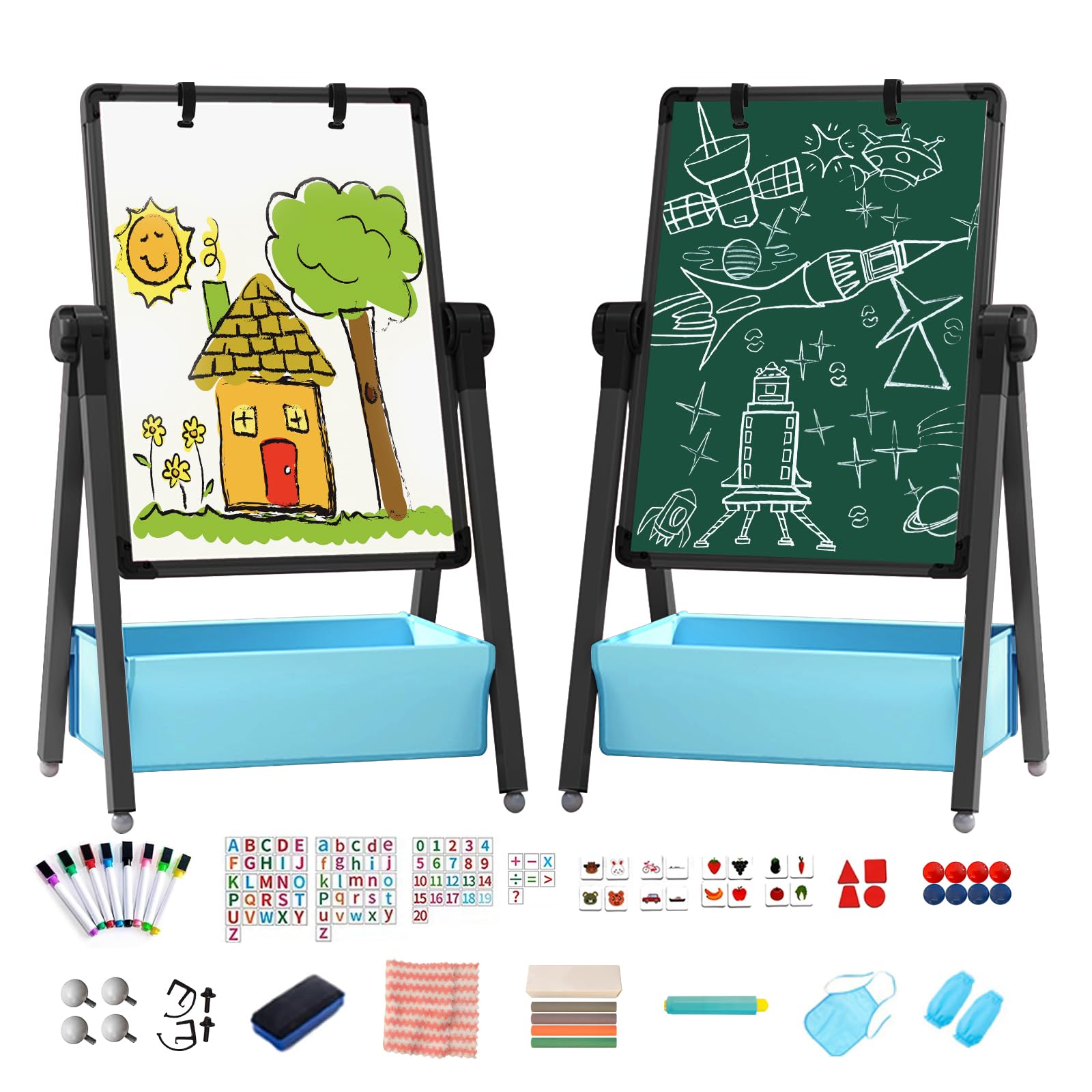 Kids Easel Double-Sided Iron Art Easel with Paper Clip Foldable Drawing Board Height Adjustable Standing Easel 360° Rotatable Whiteboard Chalkboard with Letters Numbers for Boys Girls Toddlers