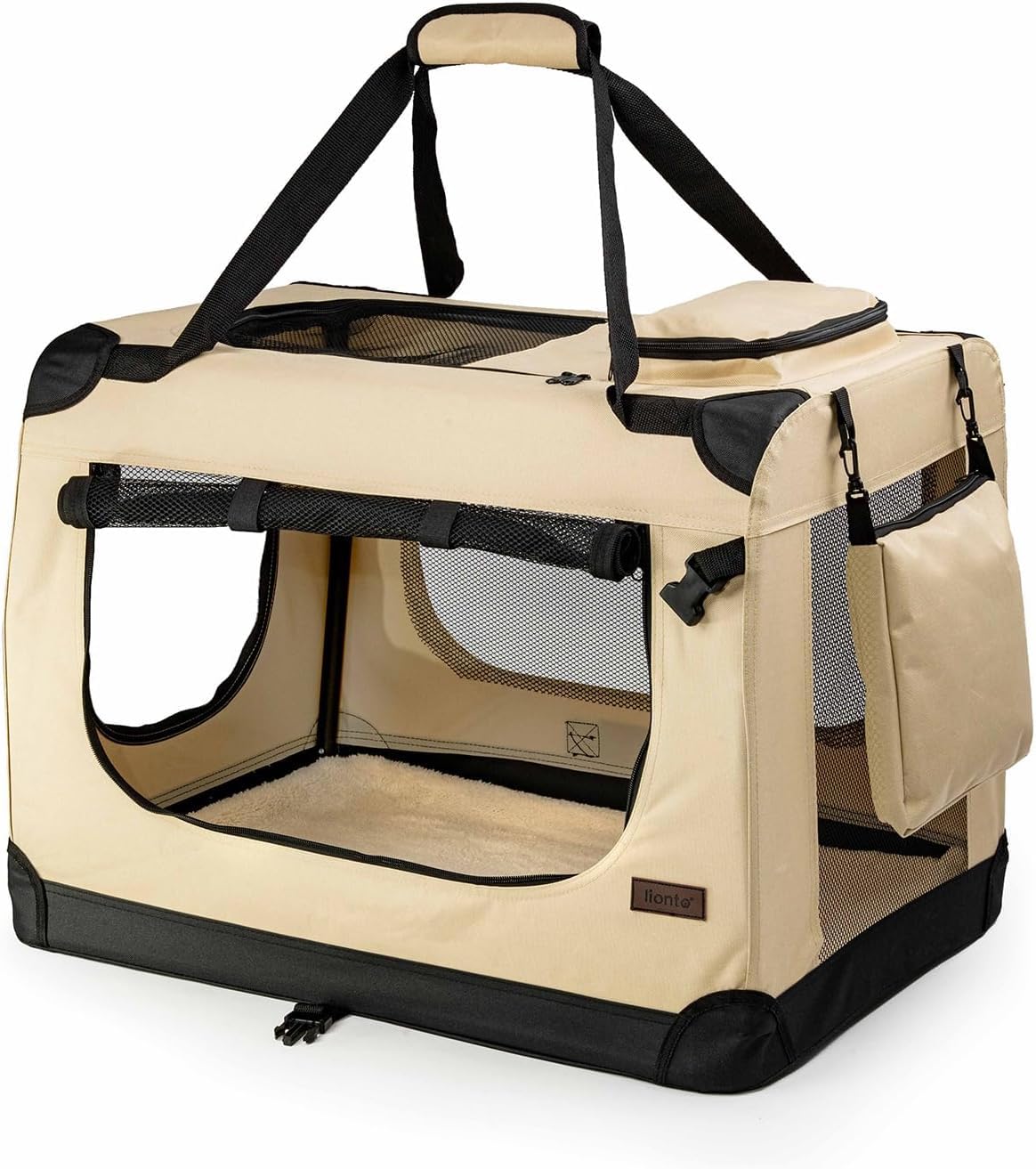 lionto Borsa trasportino per cani pieghevole per viaggi e auto, 70x52x50 cm, box di trasporto stabile con maniglie per gatti e animali fino a 15 kg, scatola in tessuto, beige