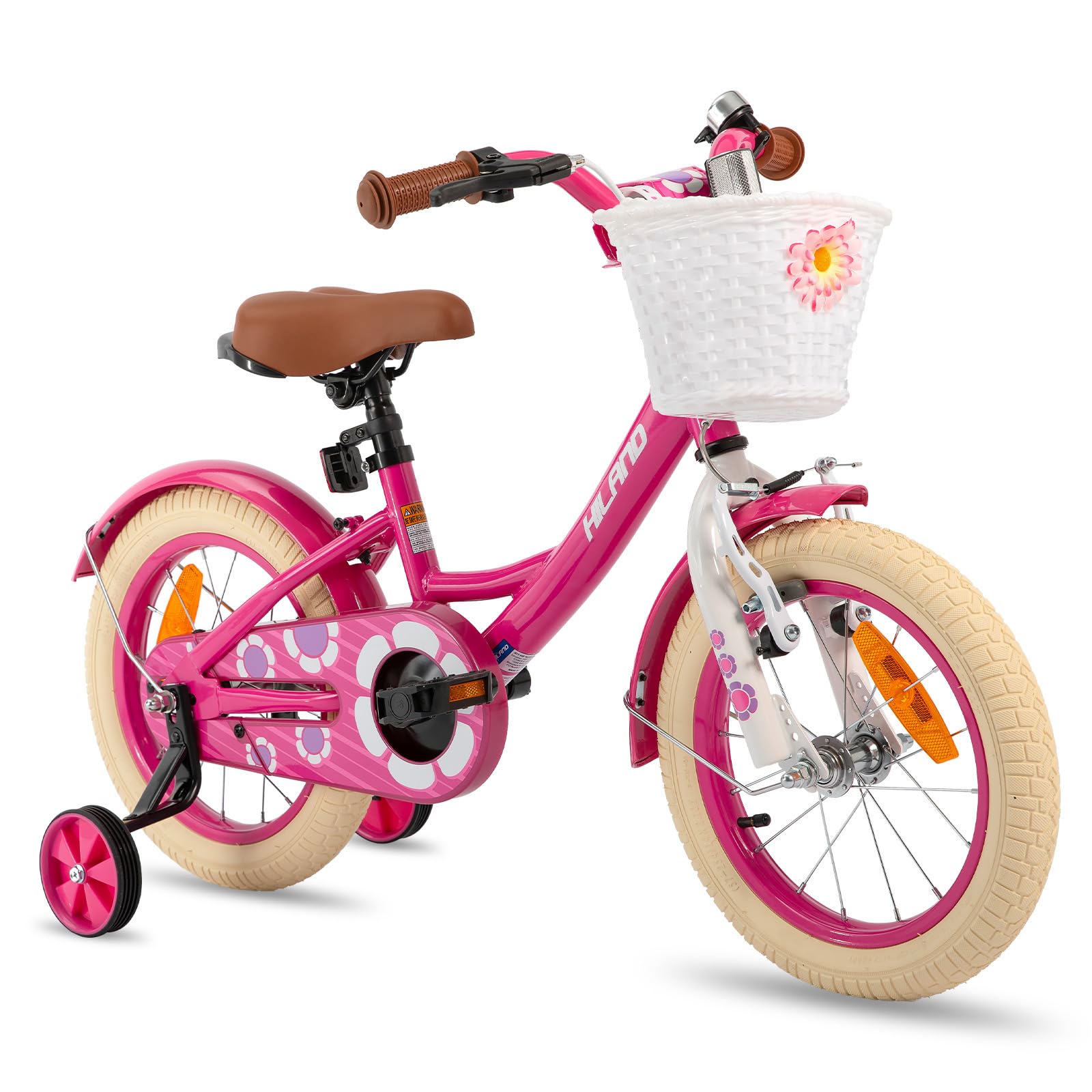 HILAND Petal Bicicletta Bambina 12"/14"/16" 2–7 Anni, Bicicletta per Bambini con Ruote Stabilizzatrici, Freno a Mano, Freno a Pedale e Cestino, Rosa/Viola/Bianco