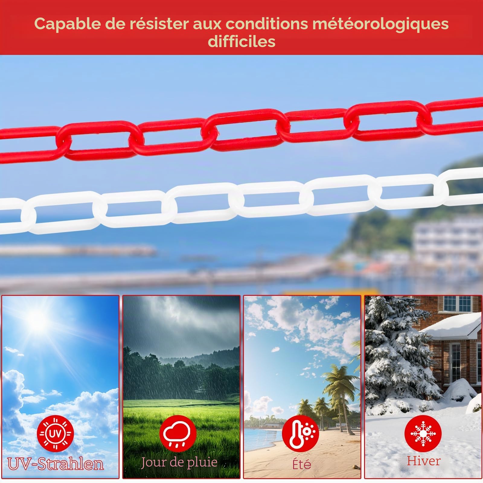 Chaîne Plastique Rouge et Blanche 25m, 6mm Chaine de Barrage Avec 4 Crochets en S, Chaine de Signalisation Pour Chantiers, Parkings et Lieux d’événements