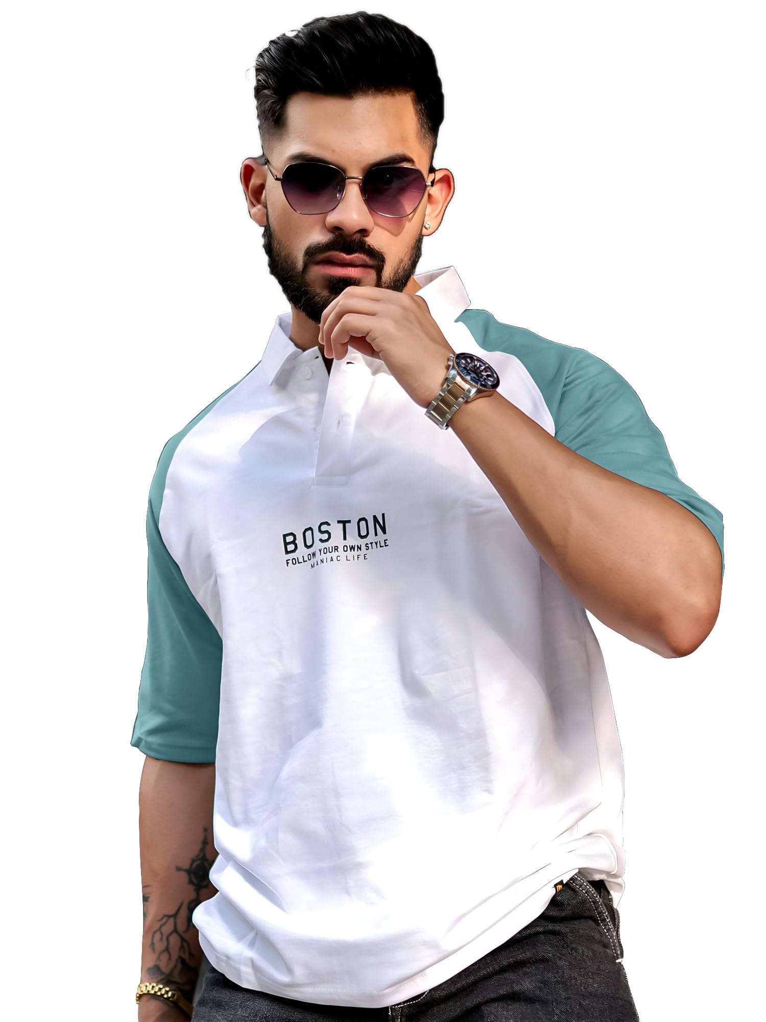 maniac || Mens || Printed ||Raglan Polo Neck || 3/4th Sleeve || Cotton ||Oversized ||Polo T-Shirt-picture-30