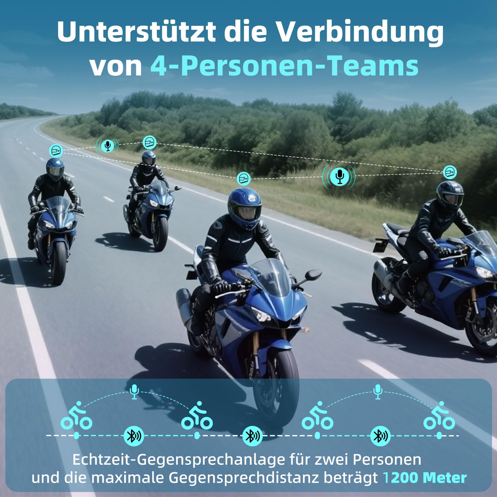 X2 Motorrad Bluetooth Headset, Helm Kommunikationssystem für 2 bis zu 4 Personen in Reichweite von 1200m, Motorradhelm Gegensprechanlage mit HiFi/Musik Teilen/FM/Sprachassistent, Einzelpack