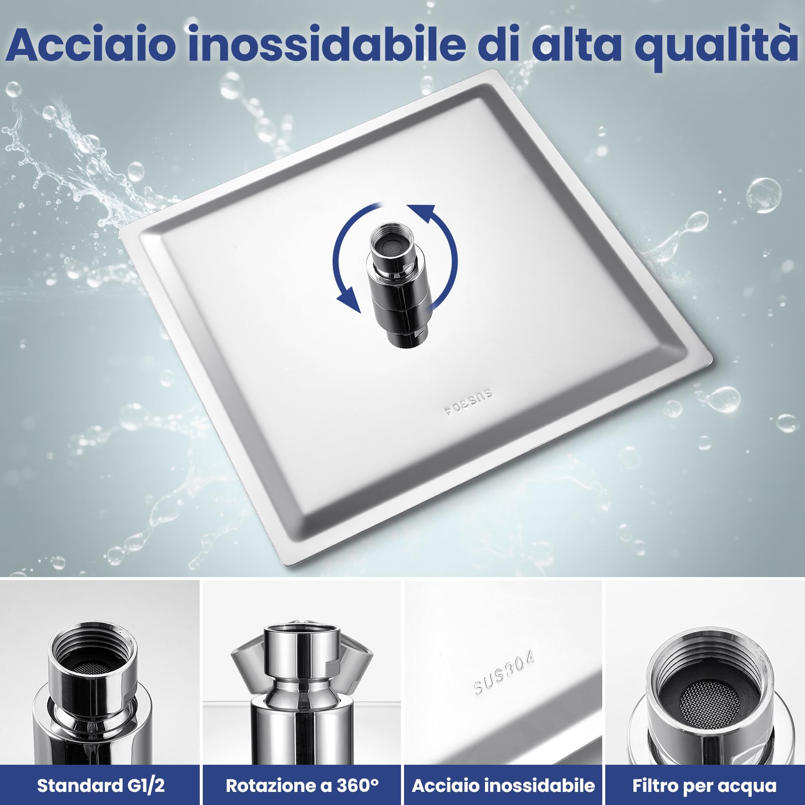 Auralum Soffione Doccia Grande Anticalcare e Alta Pressione - Quadrato 8 Pollici con Ugelli in Silicone Autopulenti - Soffione Doccia Fisso a Pioggia in Acciaio Inox con Girevole a 360° - Cromato
