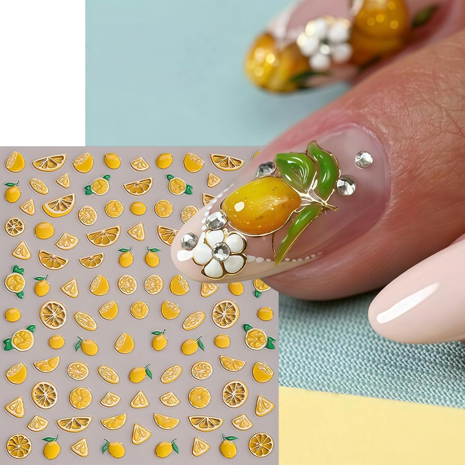 Lemon Nail Art Stickers Decals 5D Embossed Summer Fruit Nail Stickers Yellow Jelly Lemon Nails Design Cute Fruit Self-Adhesive Nail Decals Nail Art Supplies for Women DIY Nail Decoration 2PCS image 3