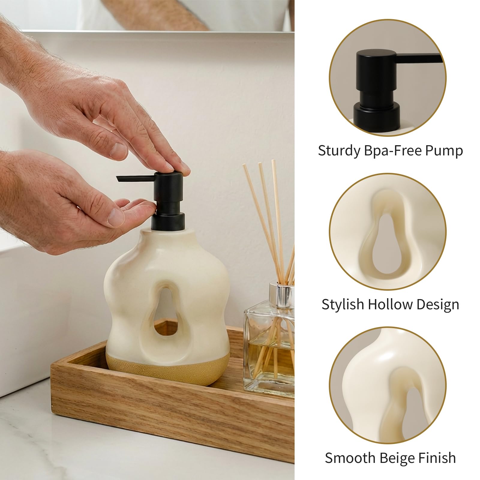 BosilunLife Badezimmer-Zubehör-Set mit 4 Stück, Beige und Orange, Badezimmer-Countetop-Seifenspender-Sets, Zahnbürstenhalter und Seifenschale, Apothekerglas