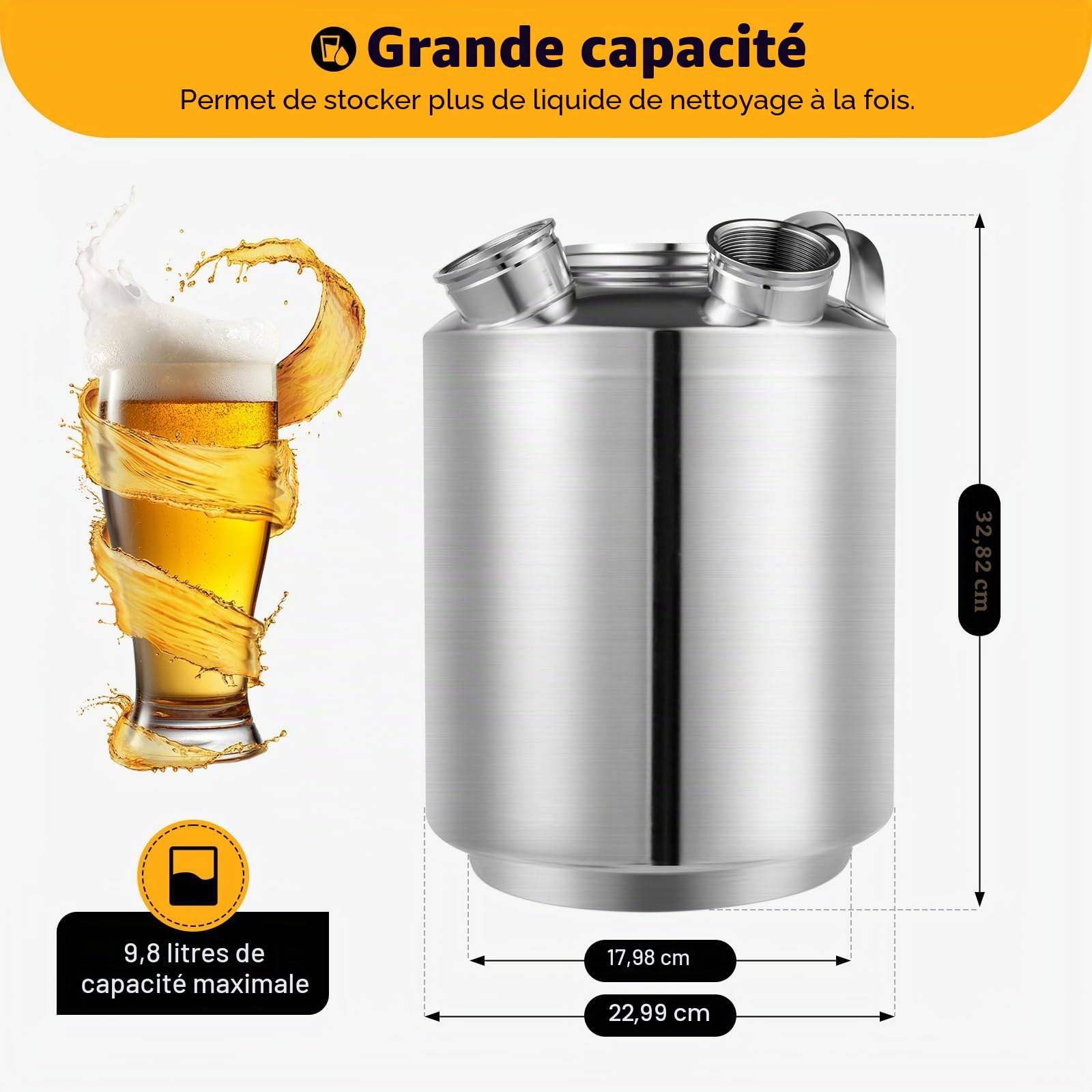 Fût de nettoyage de bière, en acier inoxydable, 10 l, à 3 têtes, avec 2 tonneaux A + 1 pic en S – Réservoir de nettoyage en acier 304 pour tireuses à bière, pubs et brassage domestique, avec