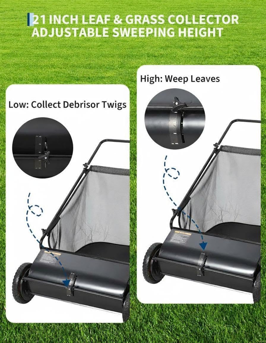 Garvee Barredora de Césped Manual de 53 cm, Recogedor de Hojas de Acero con Altura Ajustable, Limpiador de Empuje para Jardín y Patio, Bolsa de Gran Capacidad, Acabado Integral en Color Negro