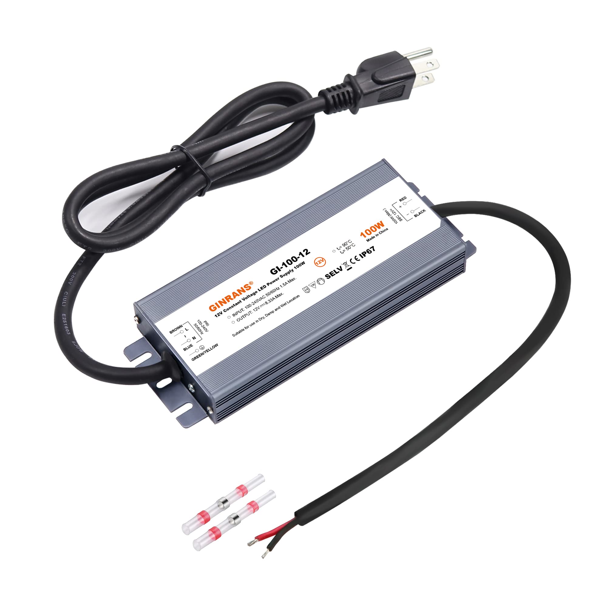 Driver de Fuente de Alimentación LED de Voltaje Constante Impermeable IP67 de 100W, Entrada Universal 100-240V AC con Enchufe, Salida 12V DC 8,33A Máx. para Iluminación LED Exterior