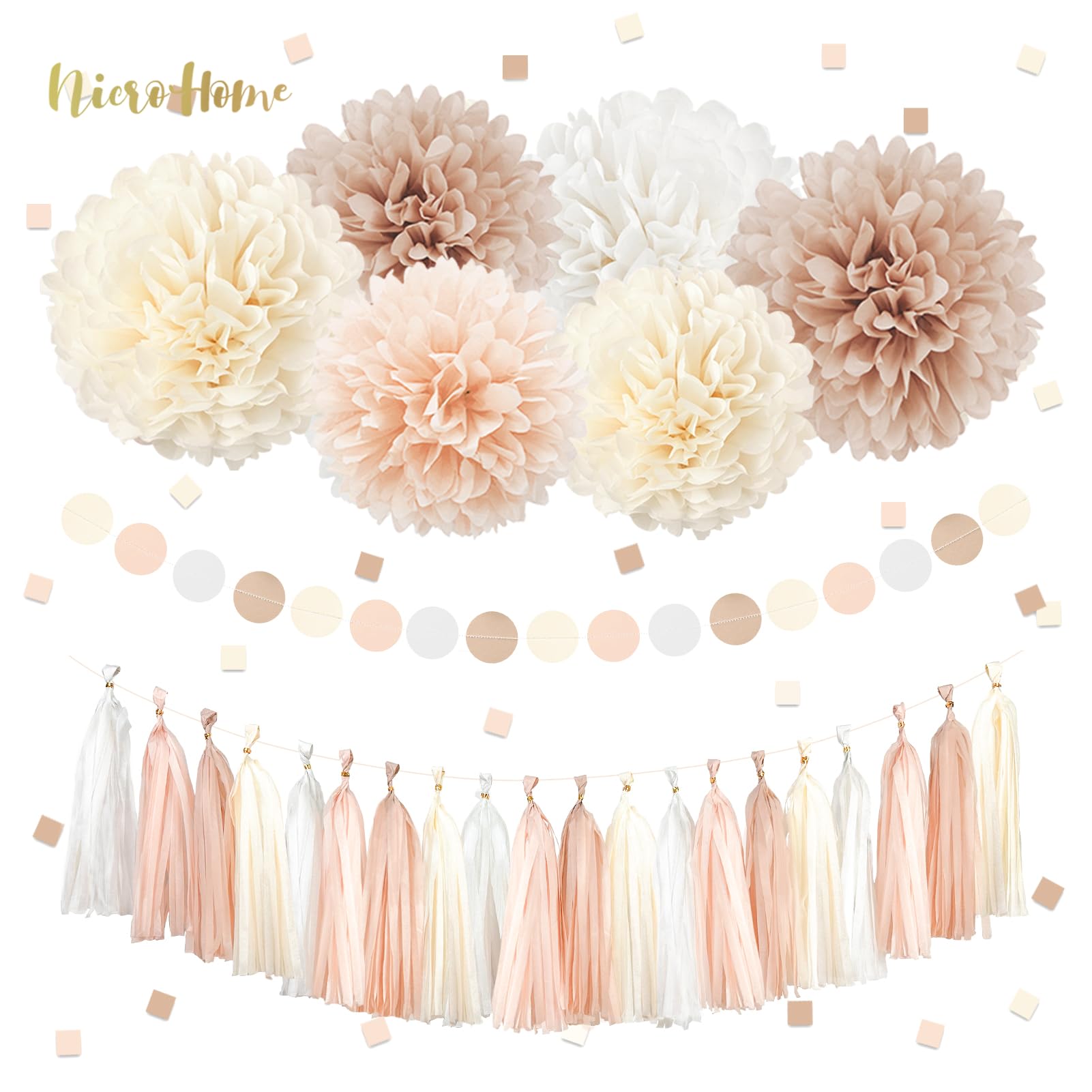 NICROHOME EUR Boho Wedding & Baby Shower Decorations, 28PCS Creamy White Tissue Paper Pom Poms, Tassels & Dots Paper Garland, Perfect for Bridal Showers, Birthdays & More