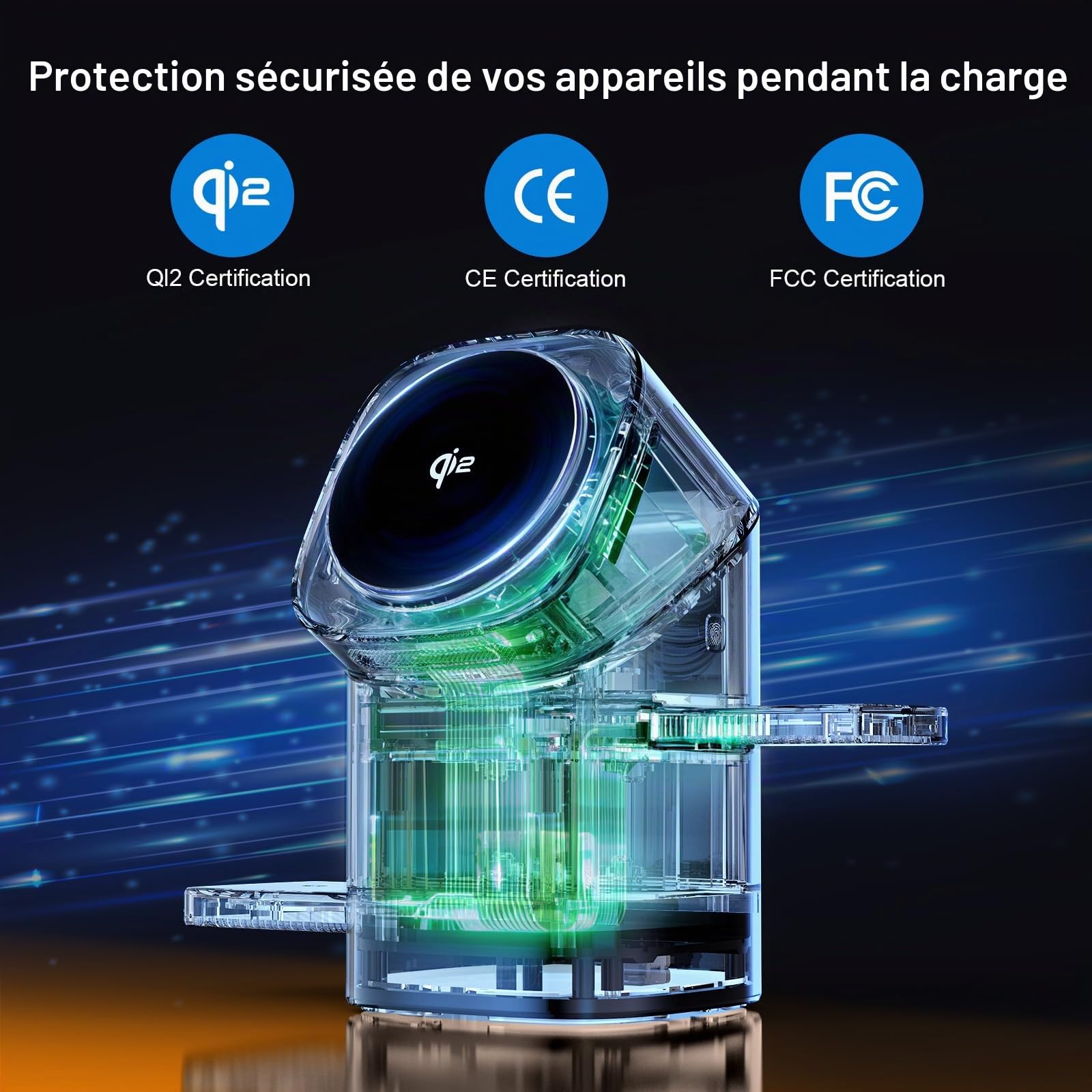 Station de Charge à Induction 3-en-1 QI2, Charge sans Fil, Prend en Charge la Charge Rapide, Support de téléphone Compatible avec iPhone, AirPods, iWatch, avec Ventilateur de Refroidissement Argent