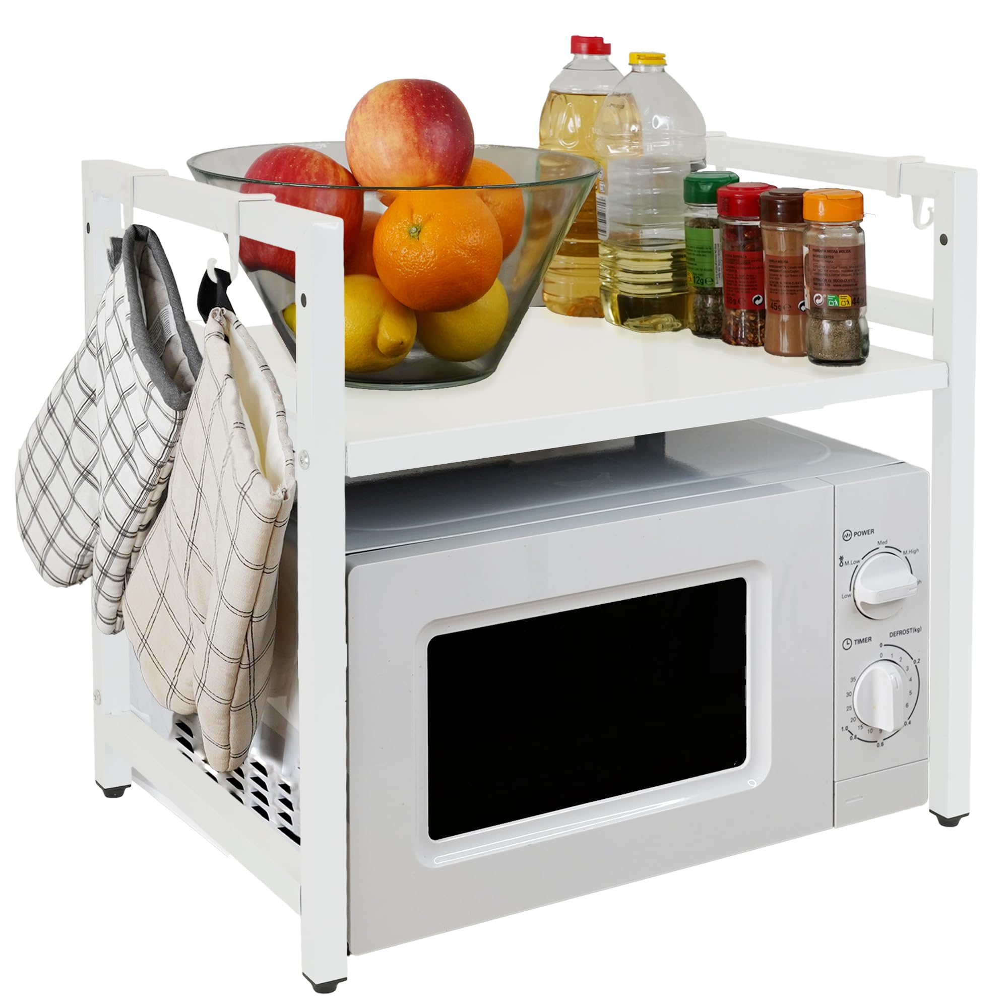DJPF®️ Soporte DE MICROONDAS Ajustable Estante de Microondas Ajustable: Estantería Microondas Encimera Extensible - Organizador Cocina Microondas y Soporte de Microondas (Blanco)