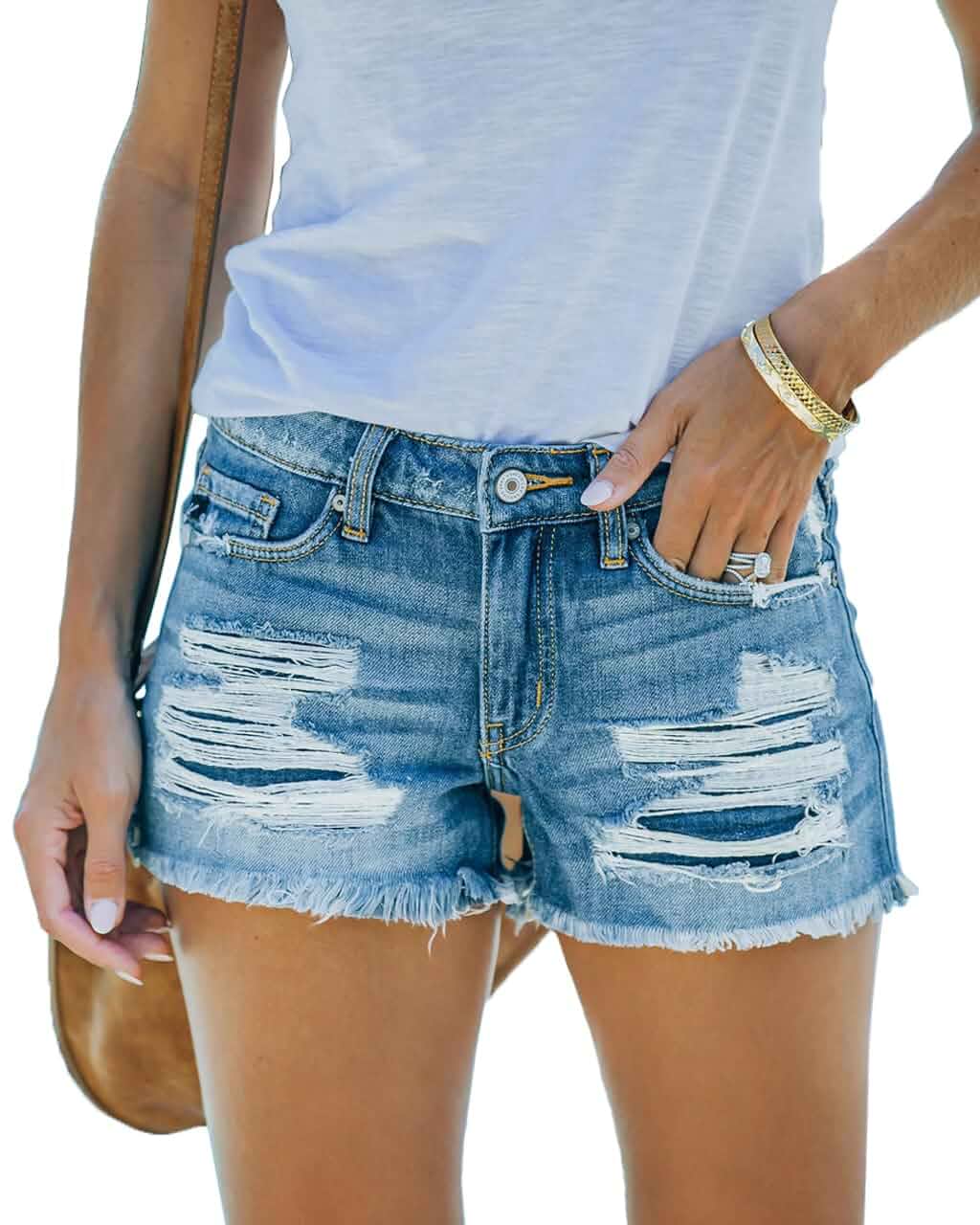 MIFOCAL Women's Mid Rise Ripped Stretchy Jean Shorts Frayed Raw Hem Casual Denim Shorts