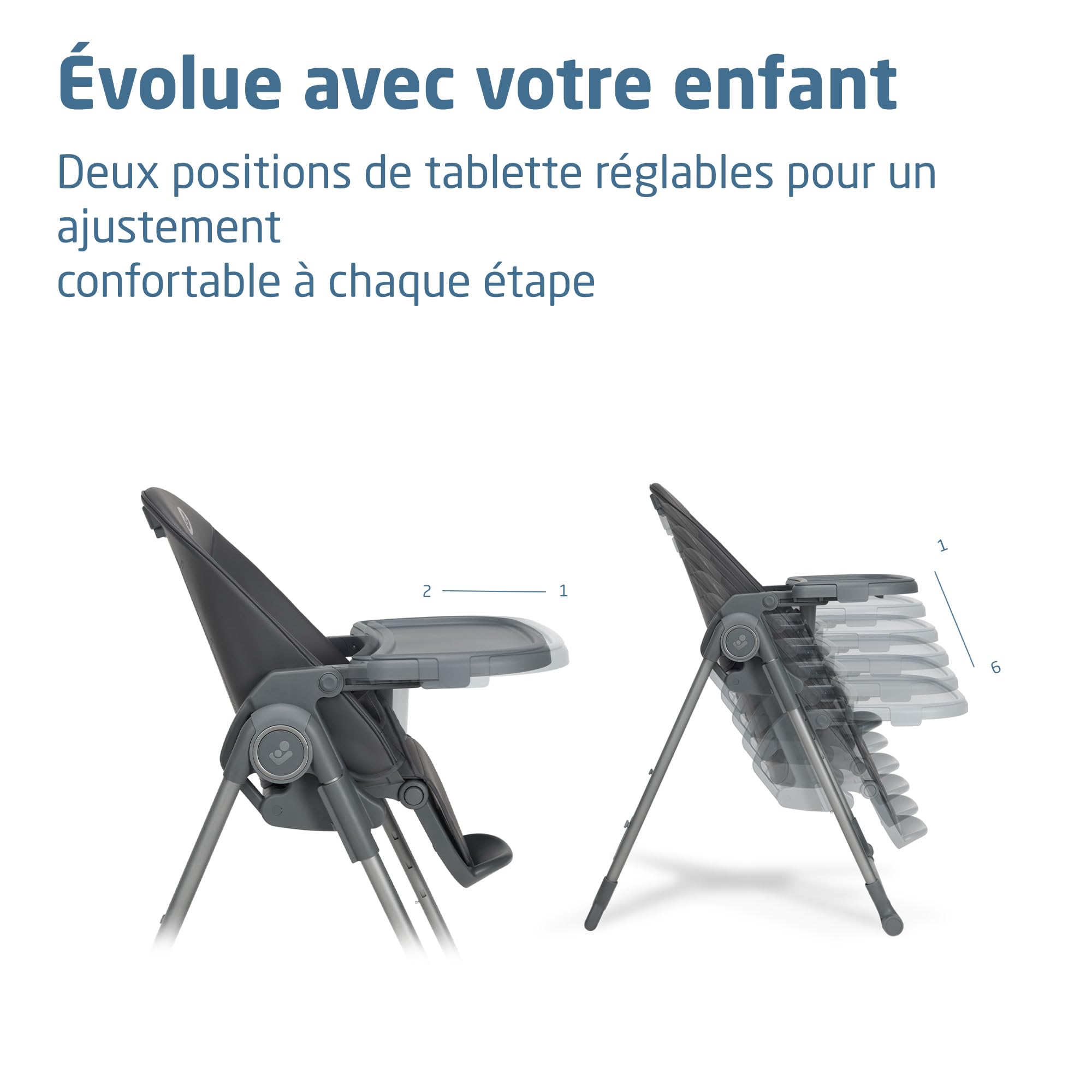 Maxi-Cosi Ava2 Chaise Haute Bébé, 0-3 ans (15 kg max.), Chaise Haute Pliable, Légère (9,45 kg), 4 Réglages D'inclinaison & 5 de Hauteur, Plateau Amovible d'une Main, 2 Roulettes, Elegance Graphite