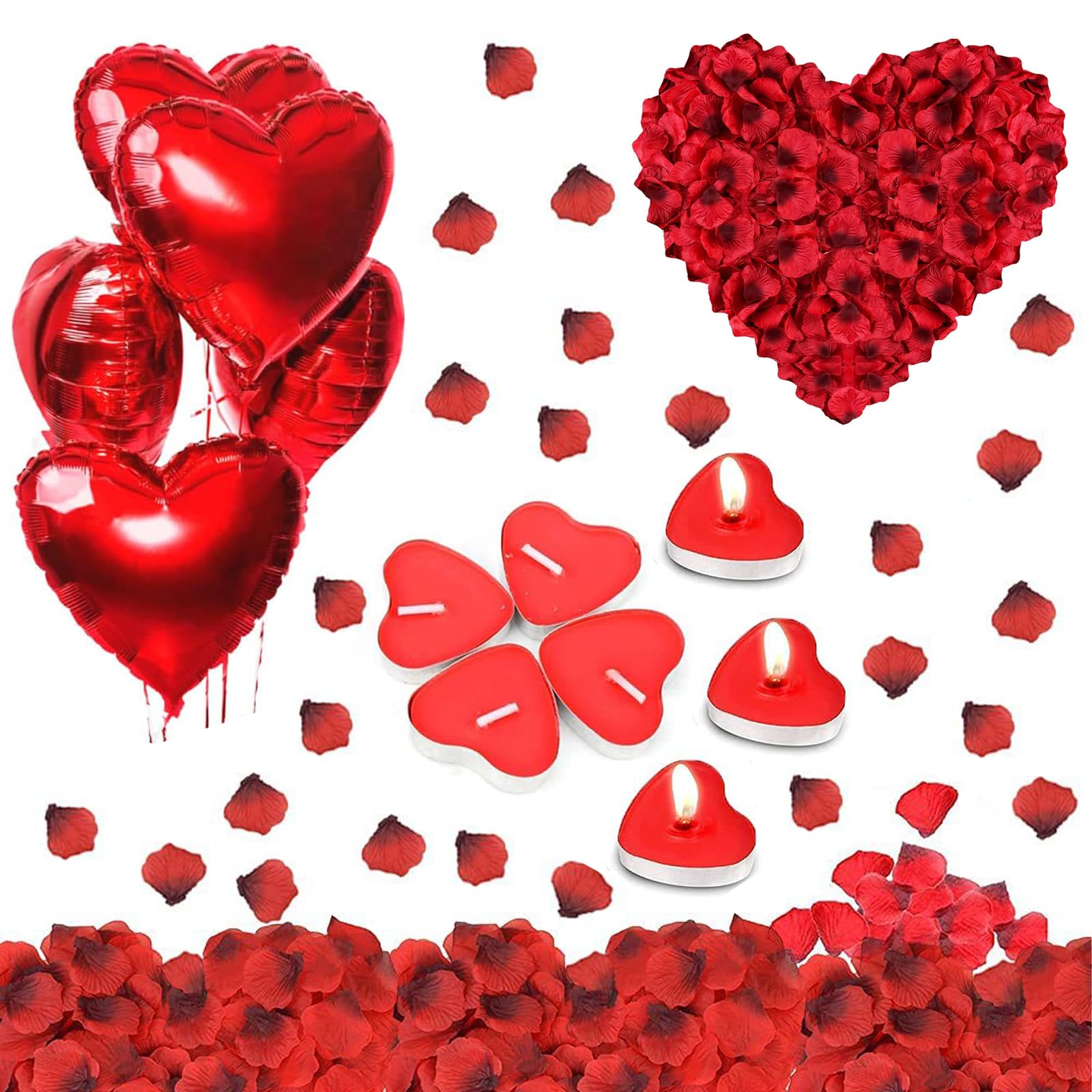 Globos de decoración de San Valentín, Kit Romántico de Velas y Pétalos, 5 Foil Globos Corazón Rojo, 50 Velas en Forma de Corazón, 1000 Pétalos de Rosa para Propuesta, Bodas, San Valentín y Compromiso