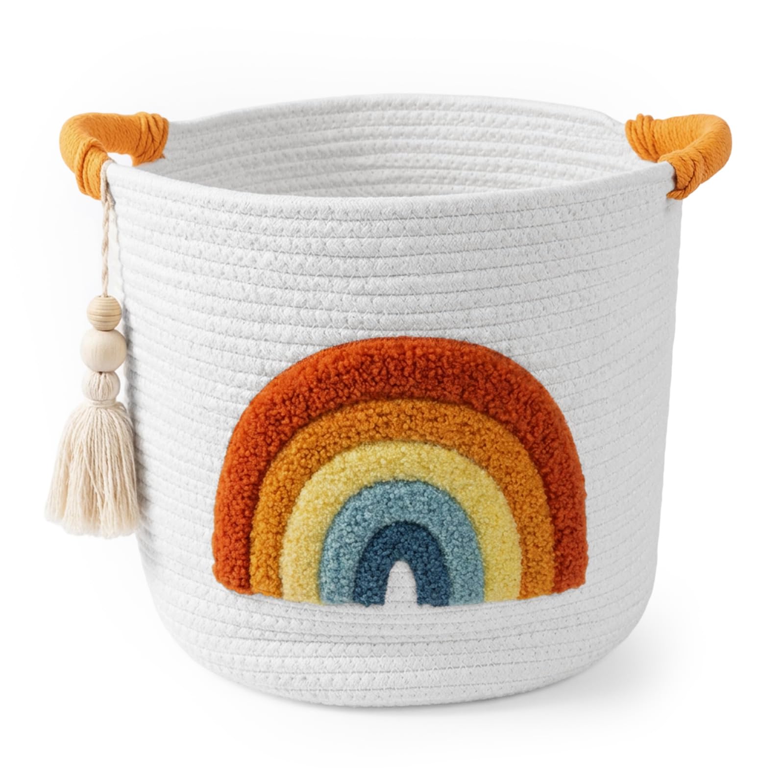 Toy Storage Baskets Woven Cotton Rope Storage Basket Kids Blanket Baskets for Living Room, Toys Organizer with Colorful Rainbow and Tassel Decor, Baby Basket for Laundry Nursery Playroom - 30x30cm