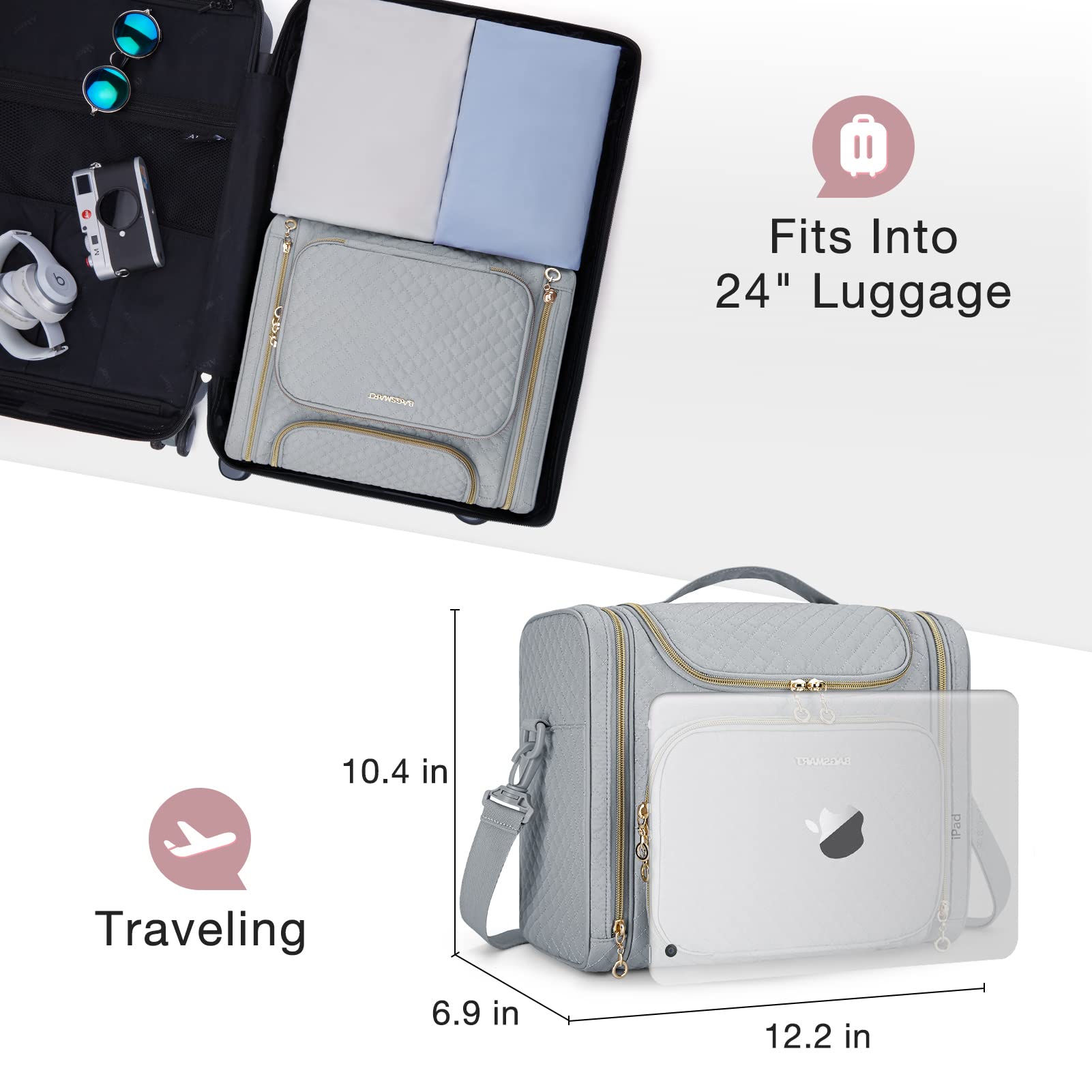 BAGSMART Neceser de viaje para mujer, bolsa de maquillaje resistente al agua, organizador de viaje de gran capacidad para artículos de tocador y cosméticos de tamaño completo, Gris, 12.2 x 6.9 x 10.4