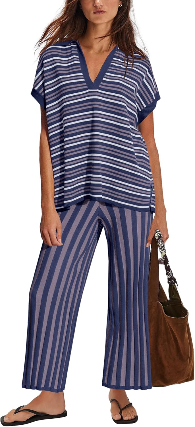 SENSERISE Womens Striped Lounge Set 2 Piece Outfits Summer Vacation Sets Short Sleeve Sweater Wide Leg Capri Pants