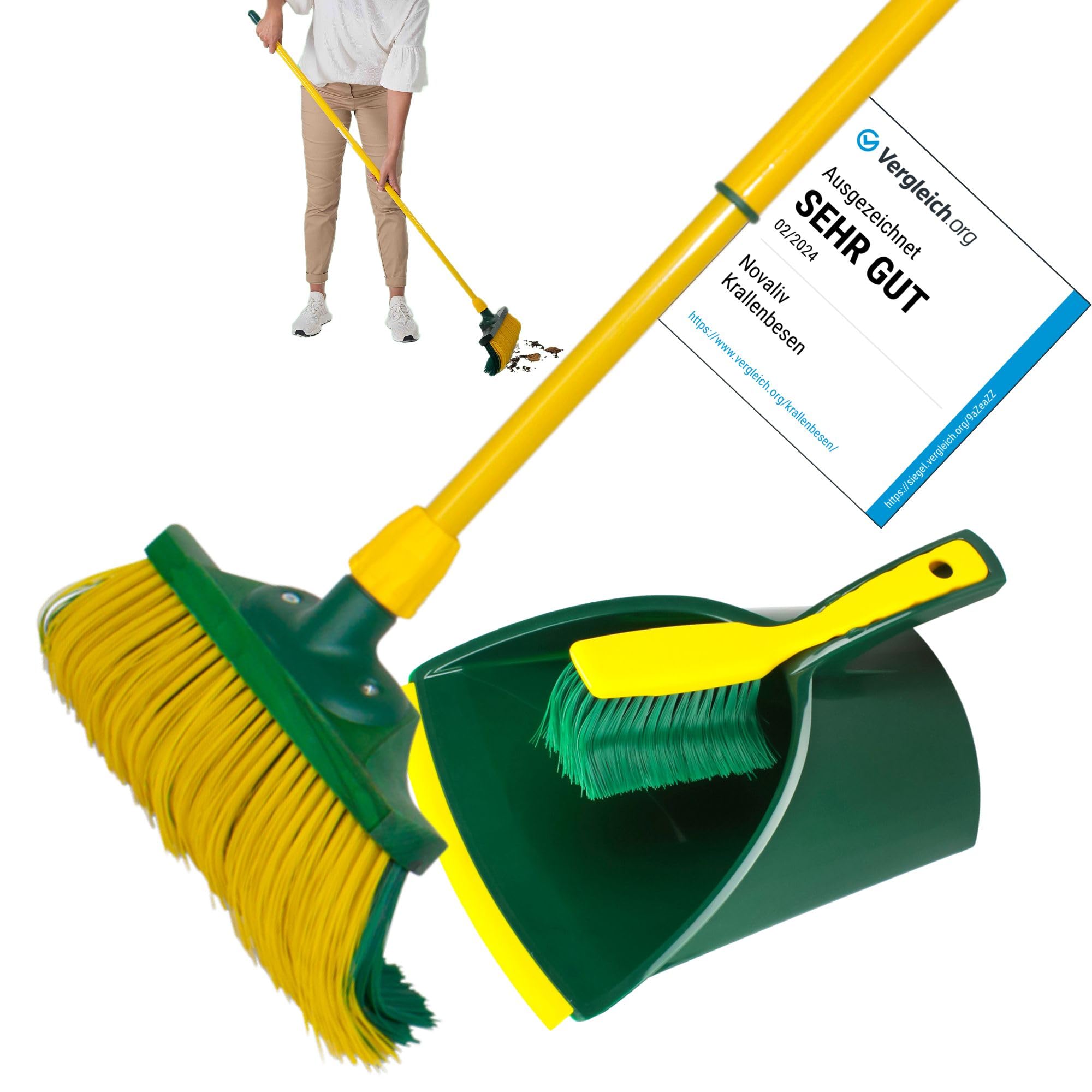Novaliv - Juego de Escoba para Garra, 30 cm, Madera con Mango telescópico, cerdas curvadas con recogedor, Escoba de jardín, Escoba para Carretera, Escoba barredora