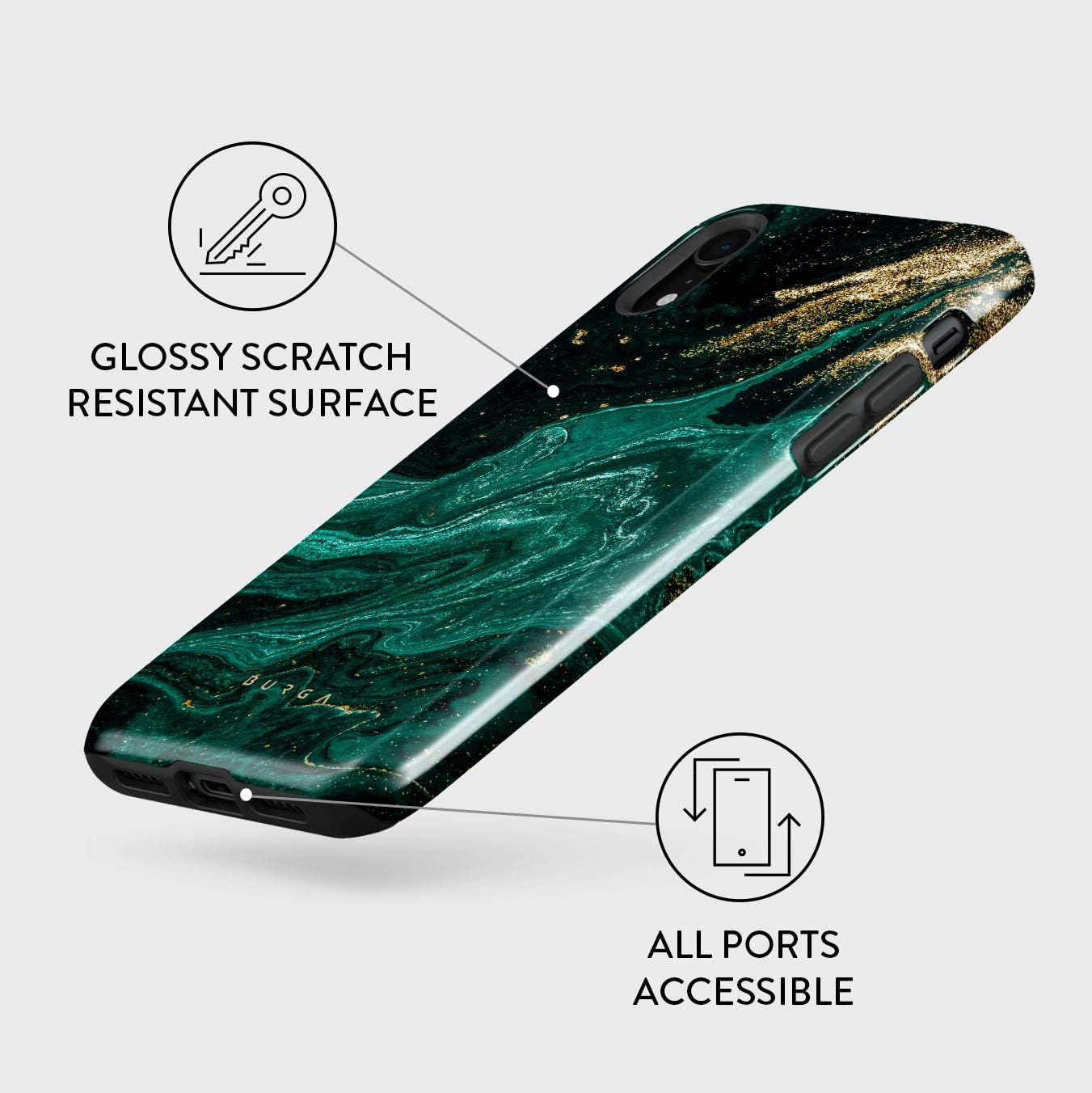 BURGA Phone Case Compatible with iPhone XR - Hybrid 2-Layer Hard Shell + Silicone Protective Case -Emerald Green Jade Stone High Luxury Gold Glitter Marble - Scratch-Resistant Shockproof Cover
