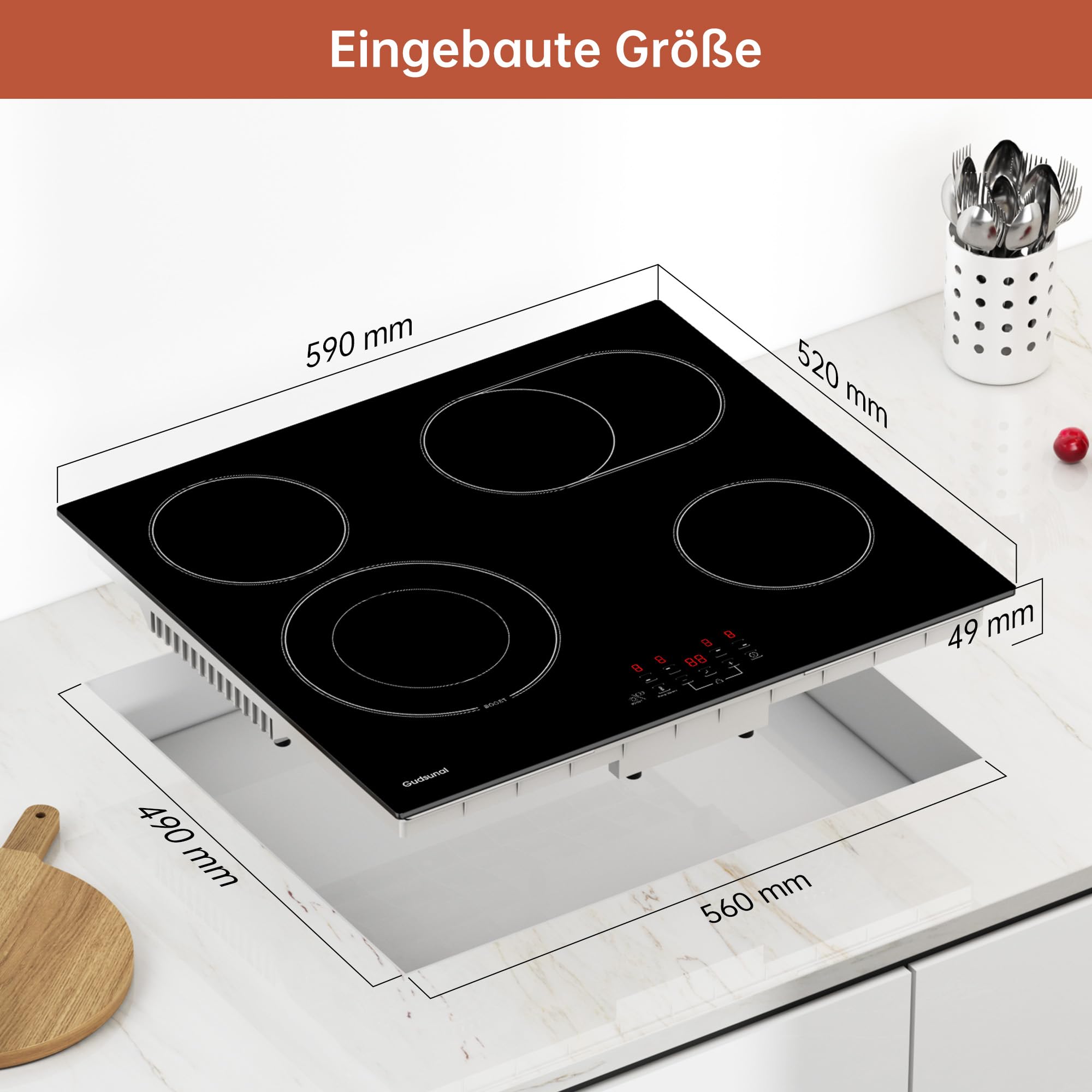Kochfeld, Glaskeramikkochfeld 60 cm mit 4 Platten, 6,6 kW, Bräterzone, Dualkochzone, 9 Heizstufen, Timer, Automatische Abschaltung, Kindersicherung, Herdplatte 4 Kochfelder, Mattschwarz