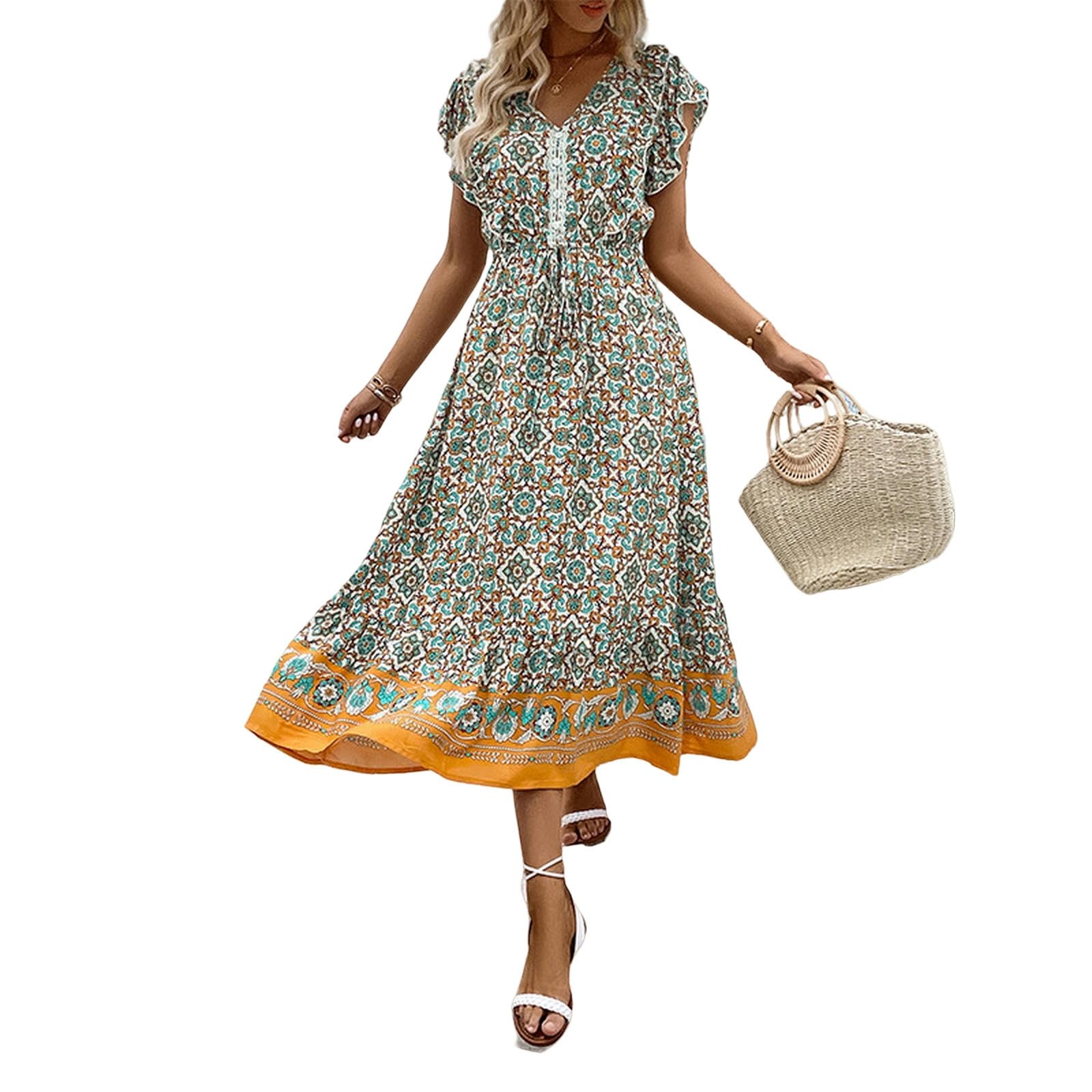 Vestido largo de verano para mujer, estilo bohemio, con estampado floral, cuello en V, manga corta, vestido midi YYEFNMAZ