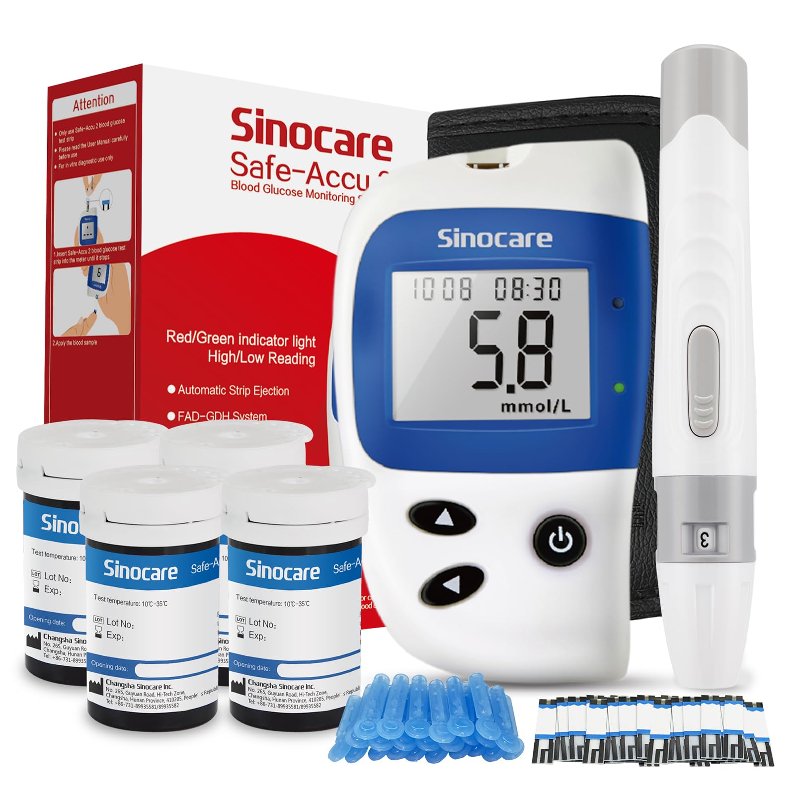 Blood Sugar Monitor, Sinocare Safe Accu2 Blood Sugar Test Kit with 100 Test Strips, 100 Lans, Light Indicator, No Coding, Easy to Use, Diabetes Testing Kit Home Use UK, mmol/LClimatePartner certified
