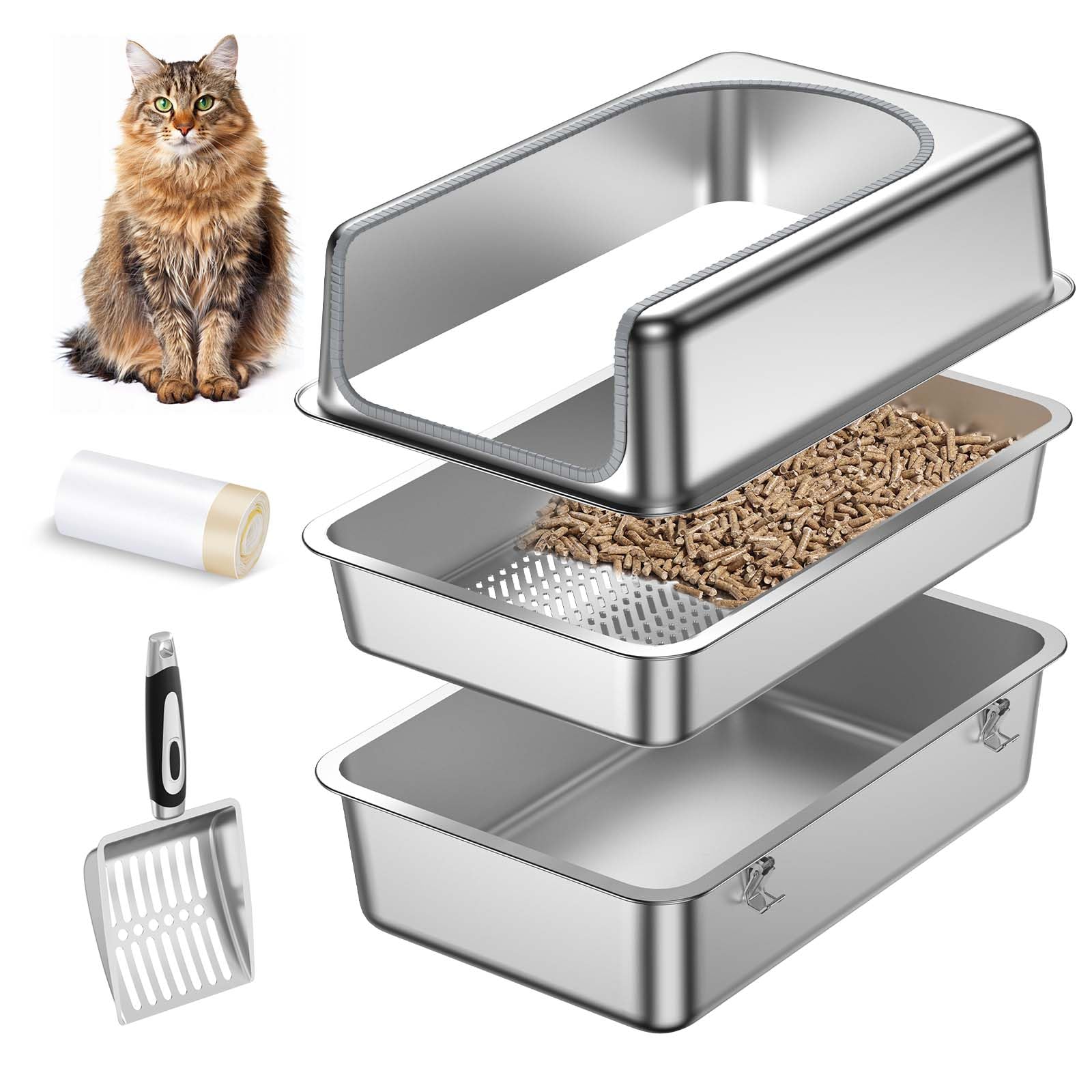 All Stainless Steel Sifting Litter Box for Pine Pellets,Sifting Cat Litter Box with Lid,High Sides Metal Sifter Litter Pan System for Big Cats,Odor Control,Easy to Clean