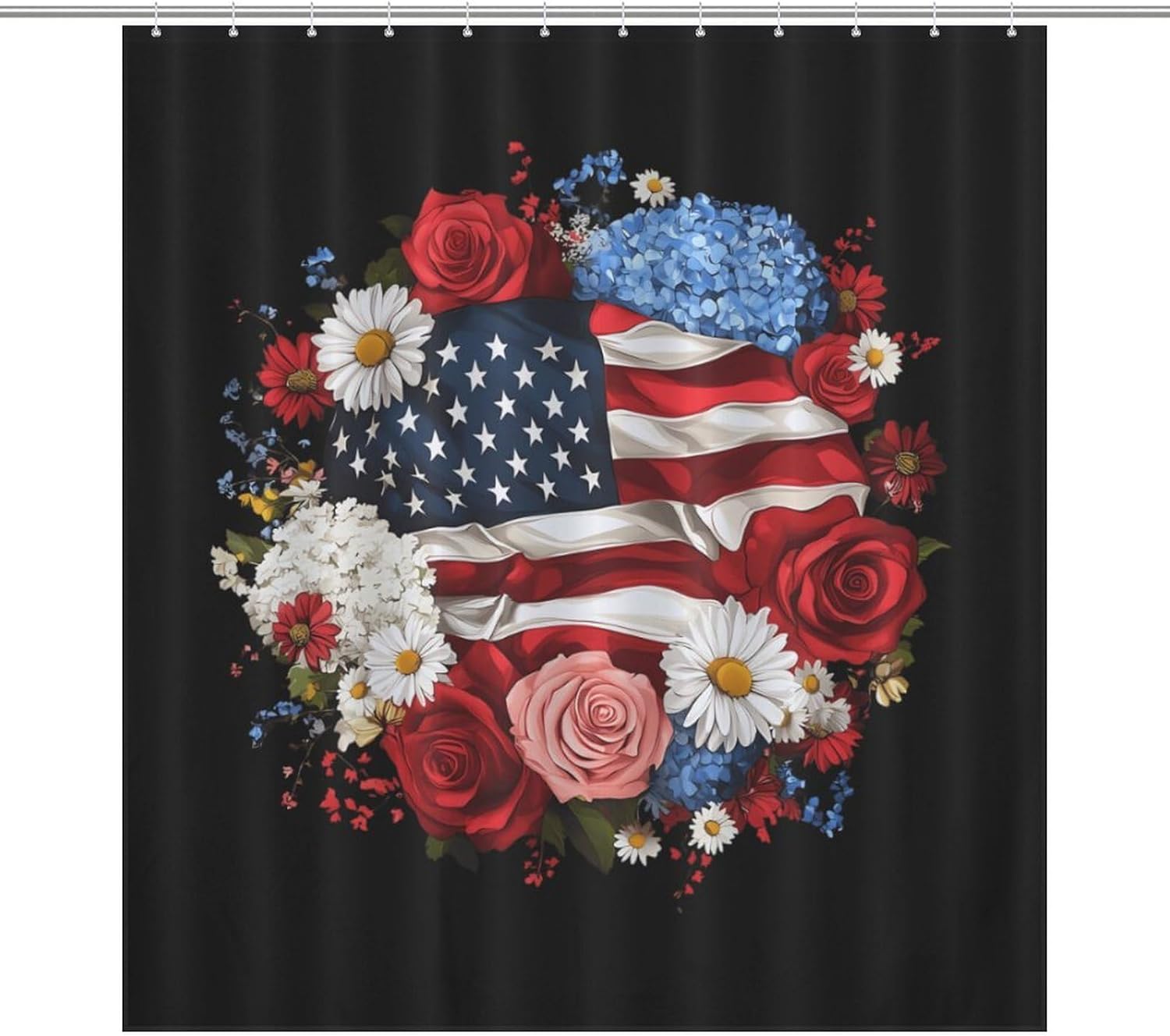 U.S. Flag Flower Funny Shower Curtains Washable Bath Curtain Liner with Hooks for Bathroom Bath Tubs